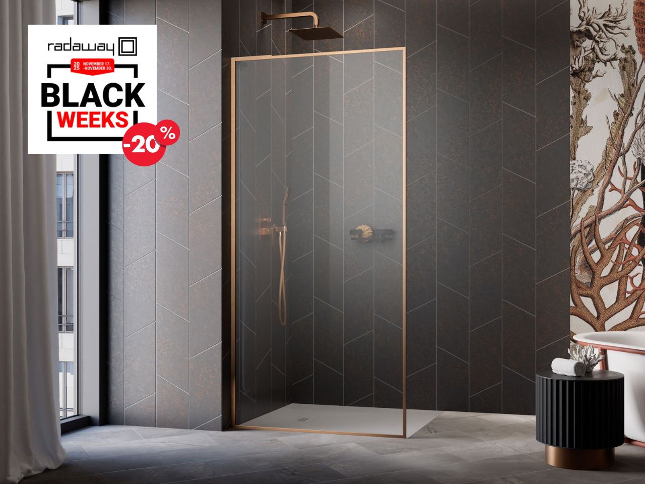 Modo F SL II Brushed Copper Walk-in szálcsiszolt réz zuhanyfal