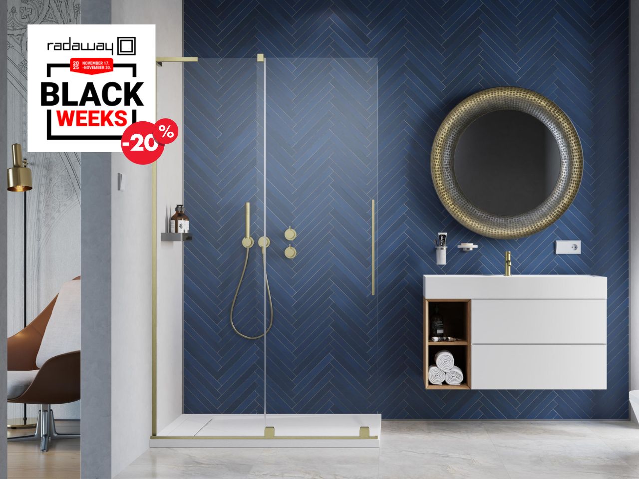 Furo SL Brushed Gold Walk-in szálcsiszolt arany zuhanyfal