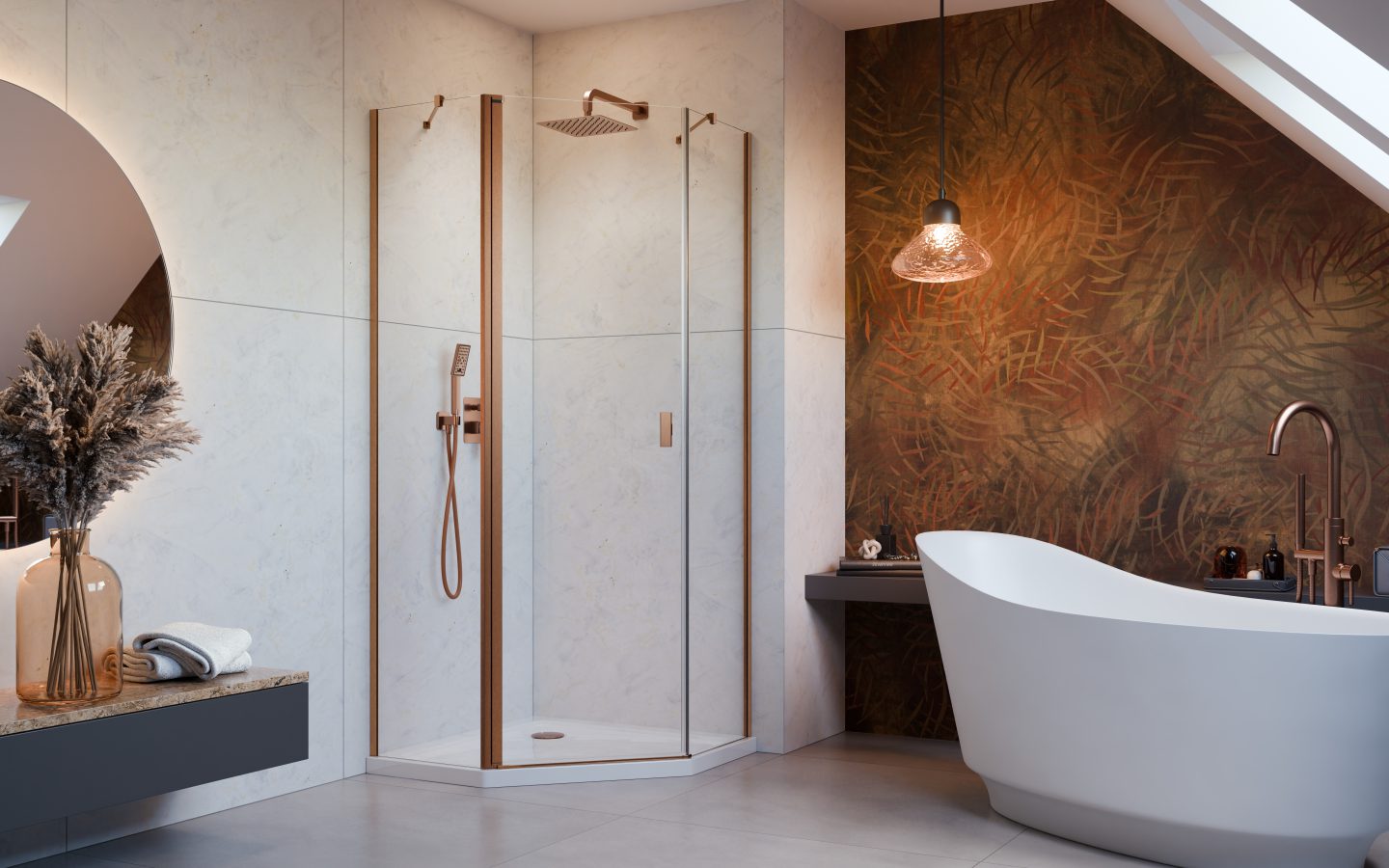 Nes Brushed Copper PTJ szögletes szálcsiszolt réz zuhanykabin