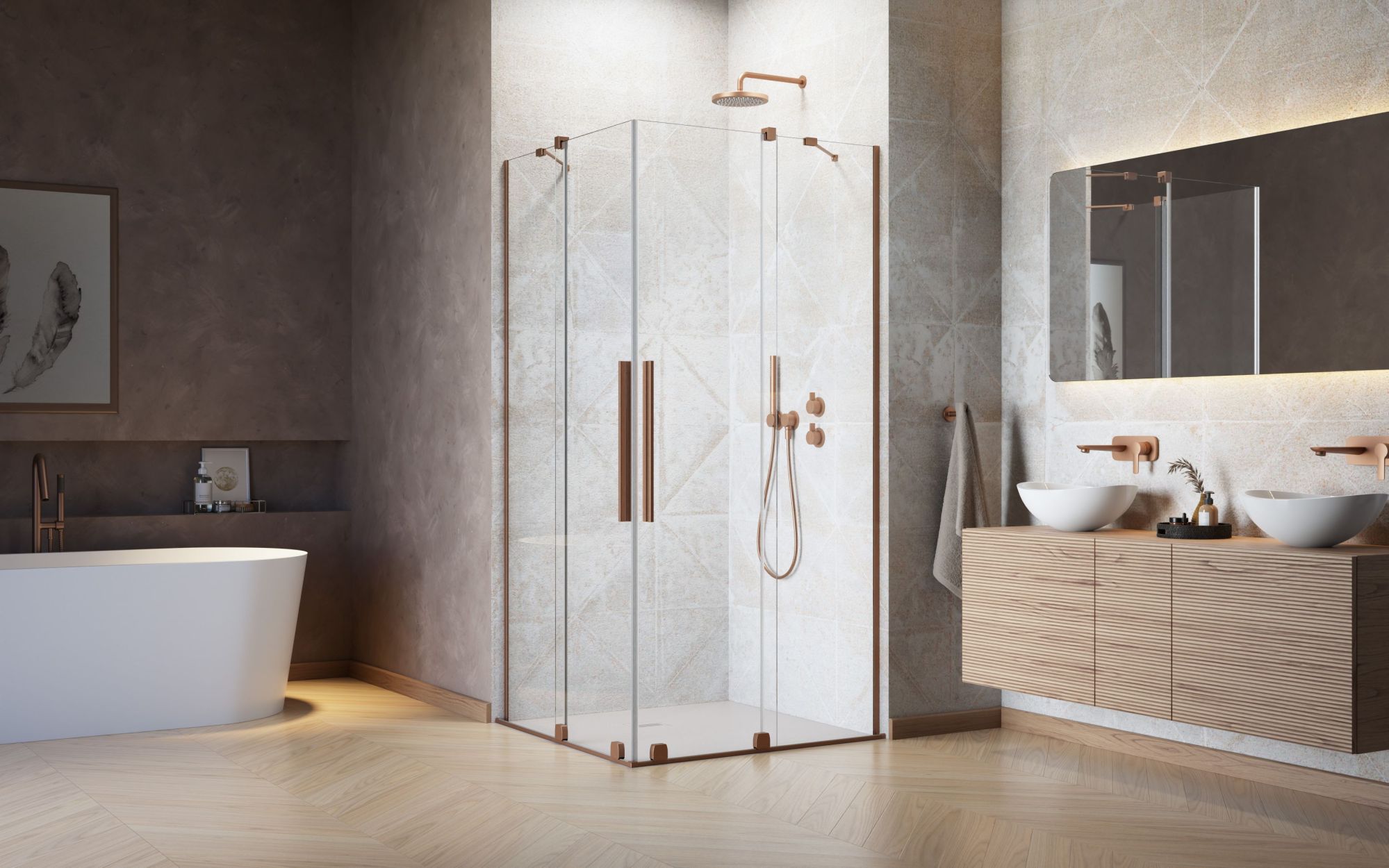 Furo Brushed Copper KDD szögletes szálcsiszolt réz zuhanykabin
