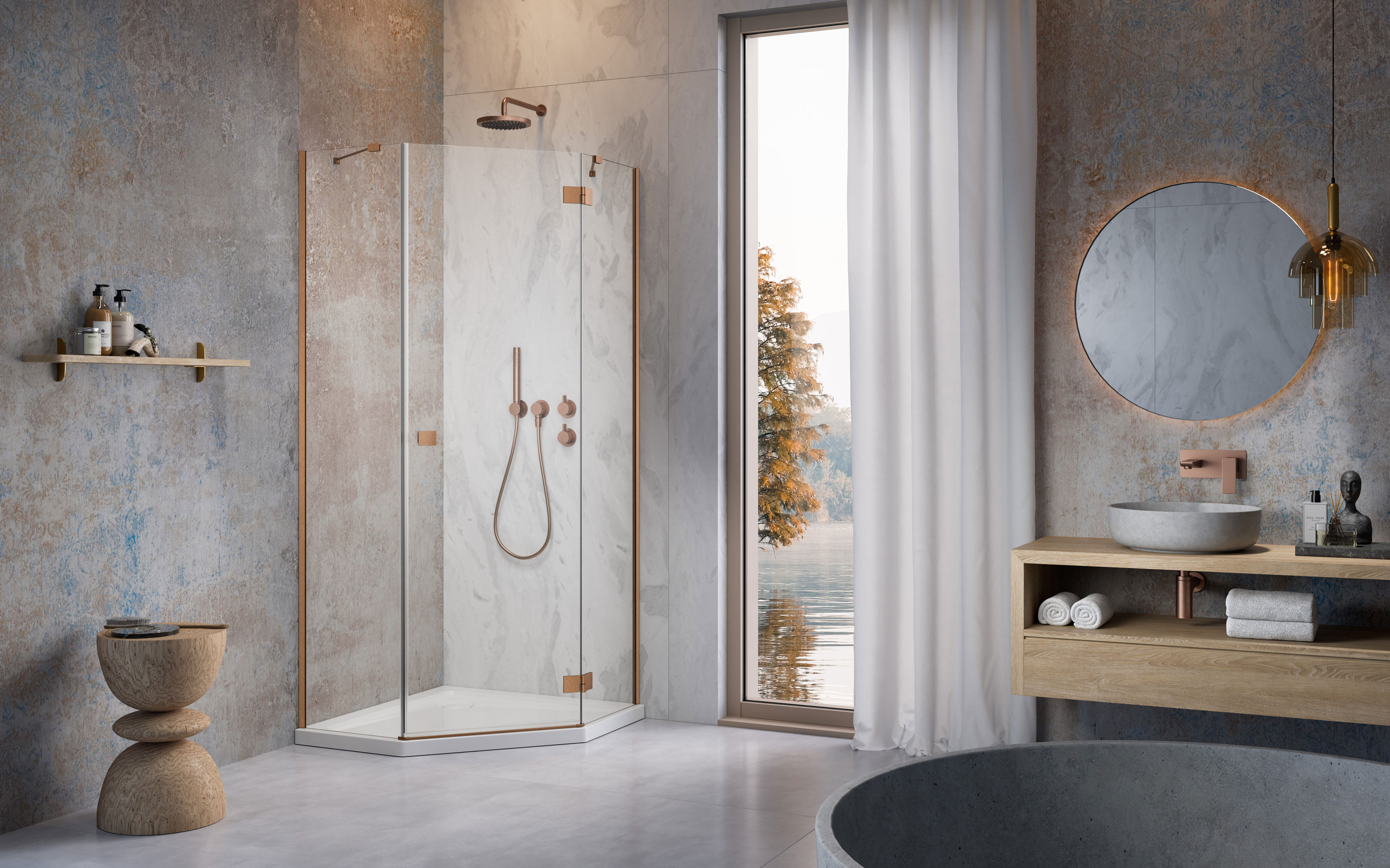 Essenza Brushed Copper PTJ szögletes szálcsiszolt réz zuhanykabin