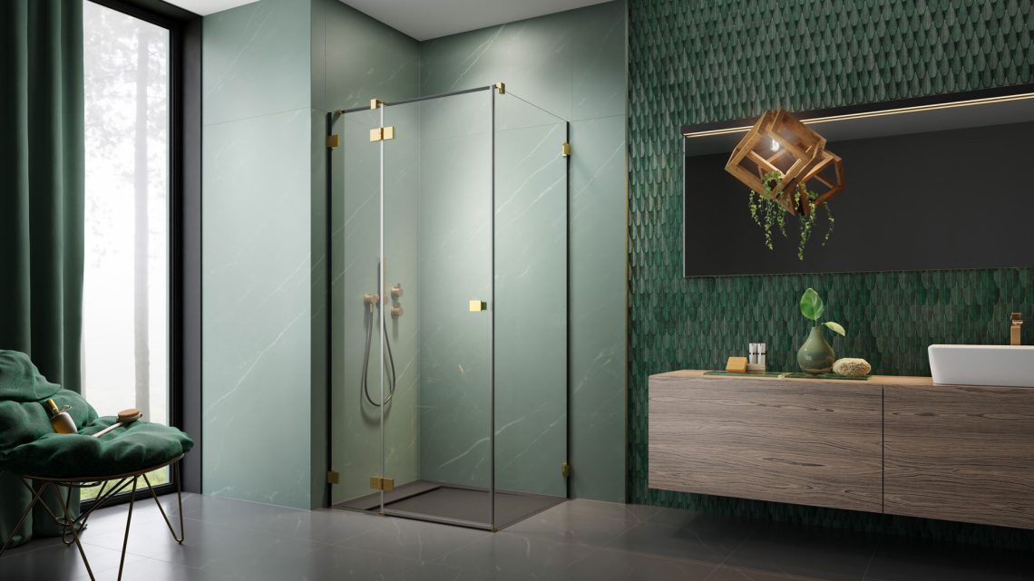 Essenza Pro KDJ szögletes zuhanykabin fekete és arany profilszínekkel kombinálva