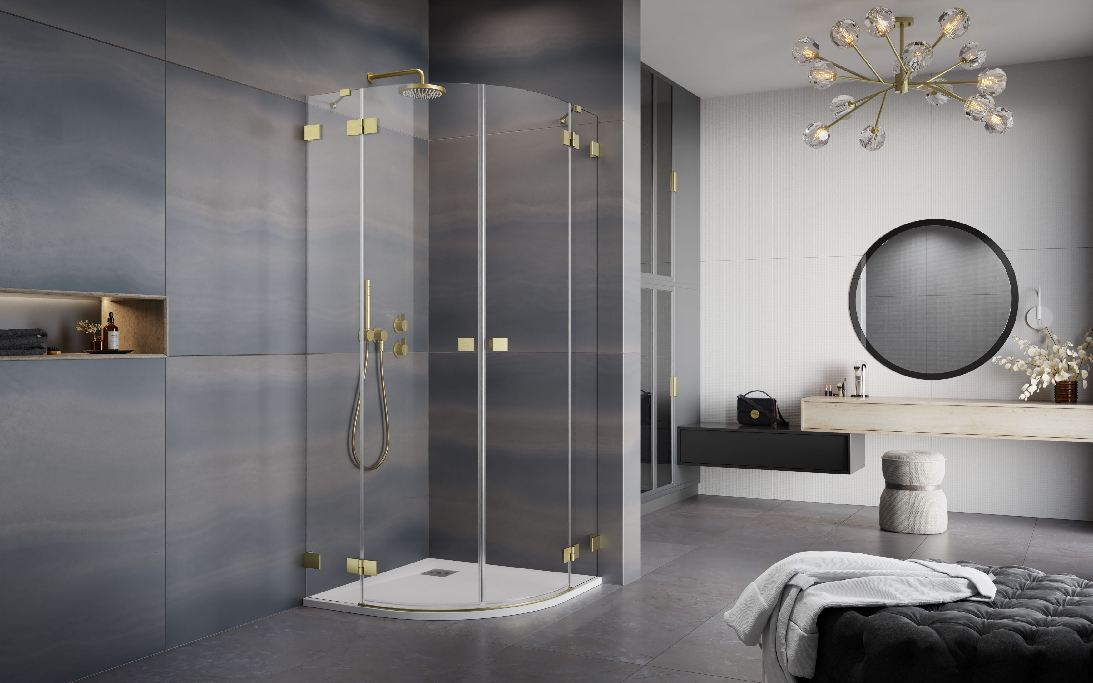 Essenza Pro Brushed Gold PDD íves szálcsiszolt arany zuhanykabin