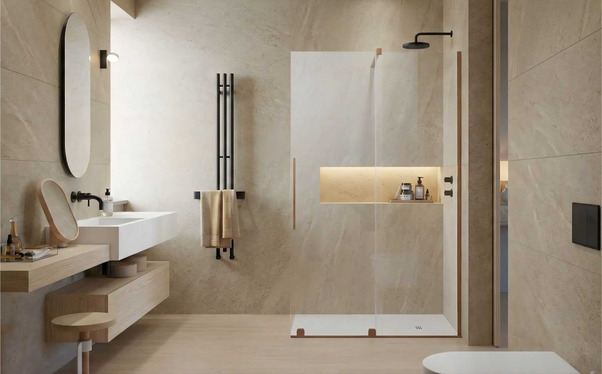 Homokbézs fal és fekete kiegészítők enteriőr