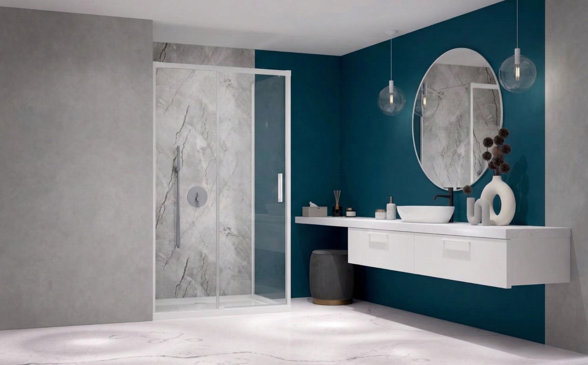 Kék árnyalatú fürdőszoba enteriőr