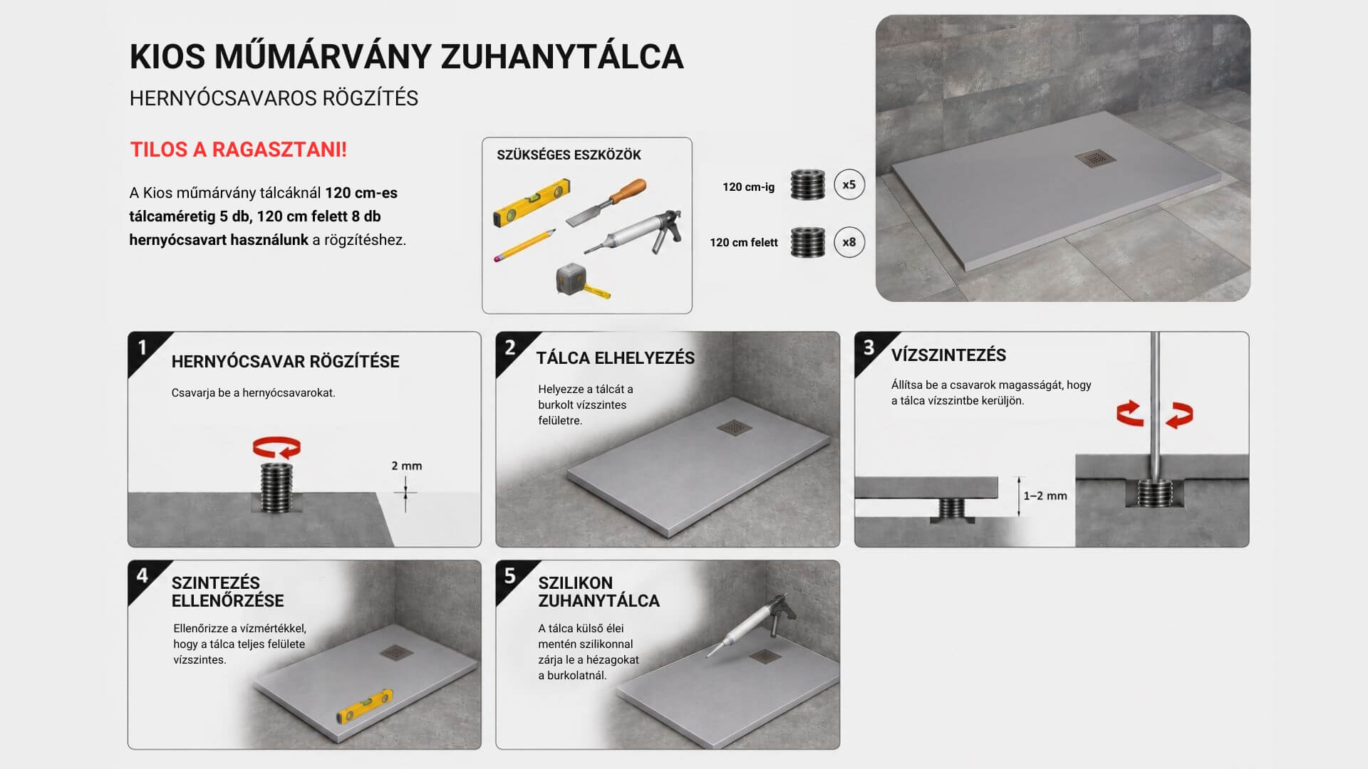 Kios műmárvány zuhanytálca rögzítése