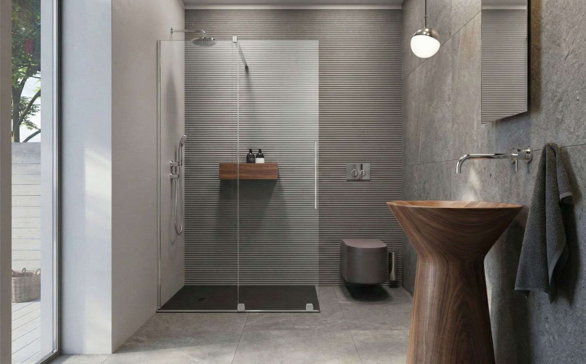 Kőszürke fal és króm részletek enteriőr