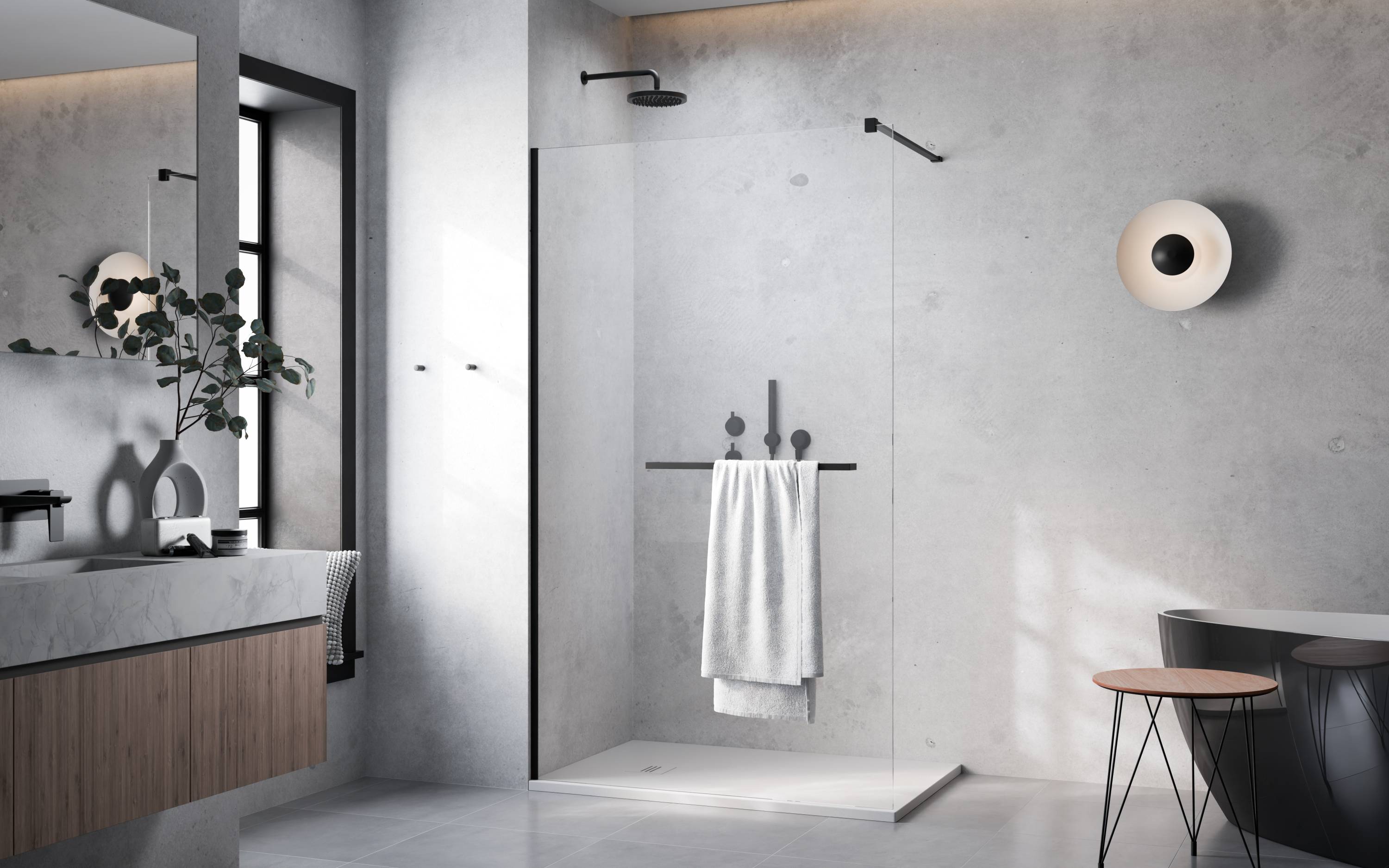 Modo New Black II Walk-in fekete zuhanyfal törölközőtartóval