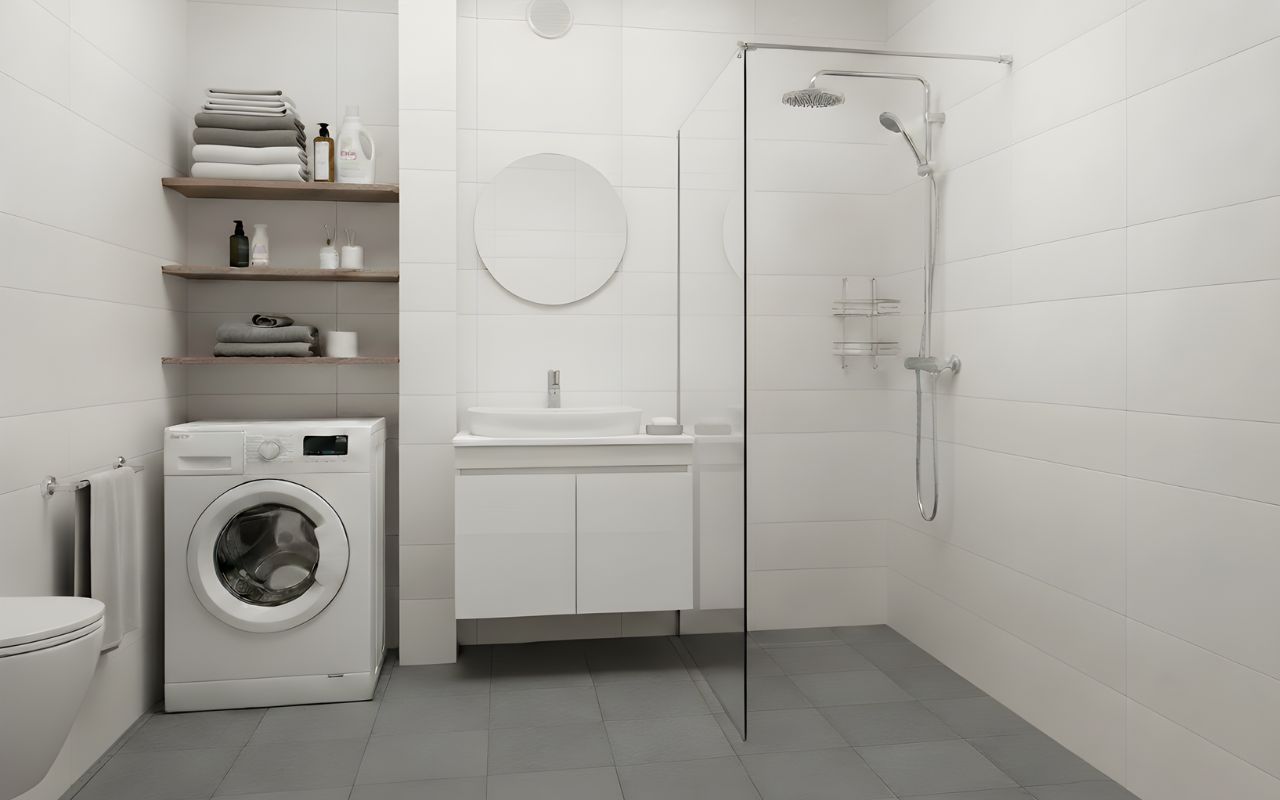 Panel fürdőszoba ötletek - Walk-In zuhanyfal, mosógép feletti nyitott polcok