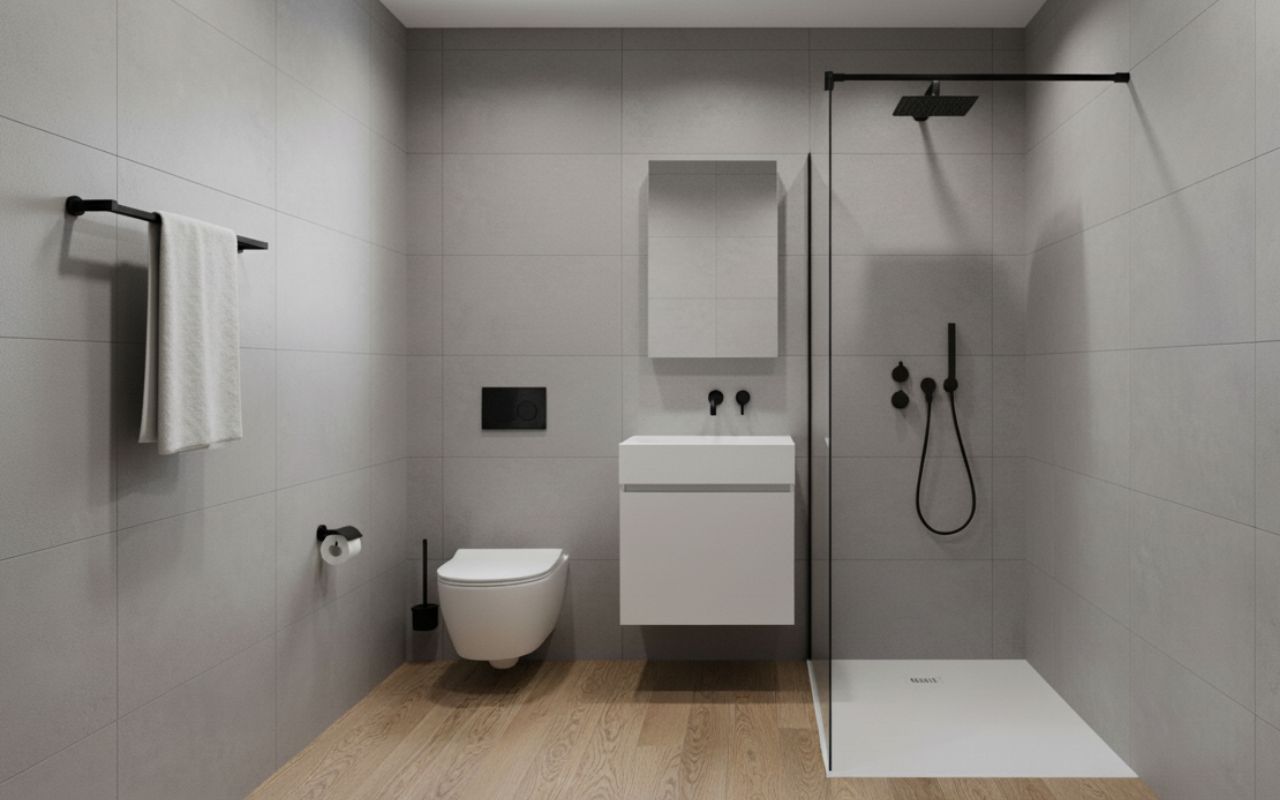 Panel fürdőszoba ötletek - walk-in zuhanyfallal