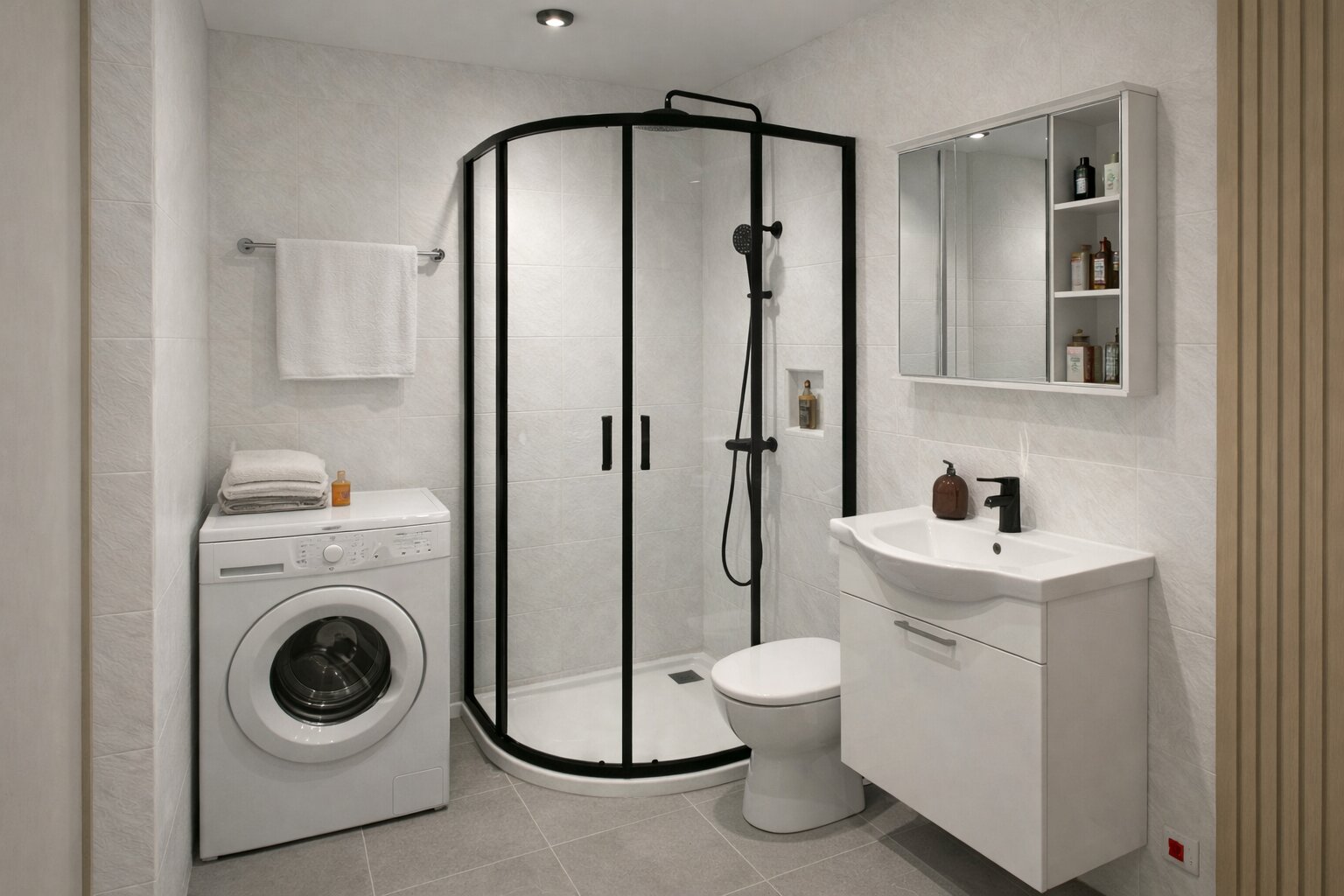 Panel fürdőszoba ötletek - zuhanykabin falra szerelhető tükör mögötti szekrénnyel