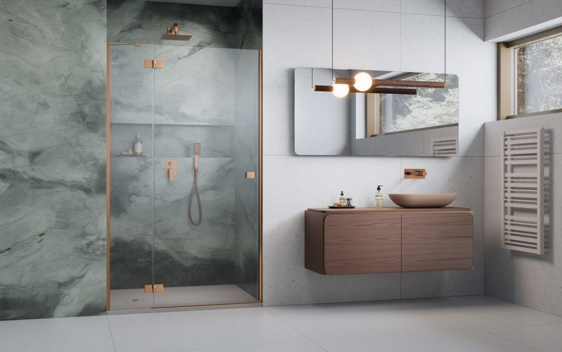 Radaway-Essenza-Brushed-Copper-DWJ-zuhanyajto-zoldes-furdoszoba-fallal