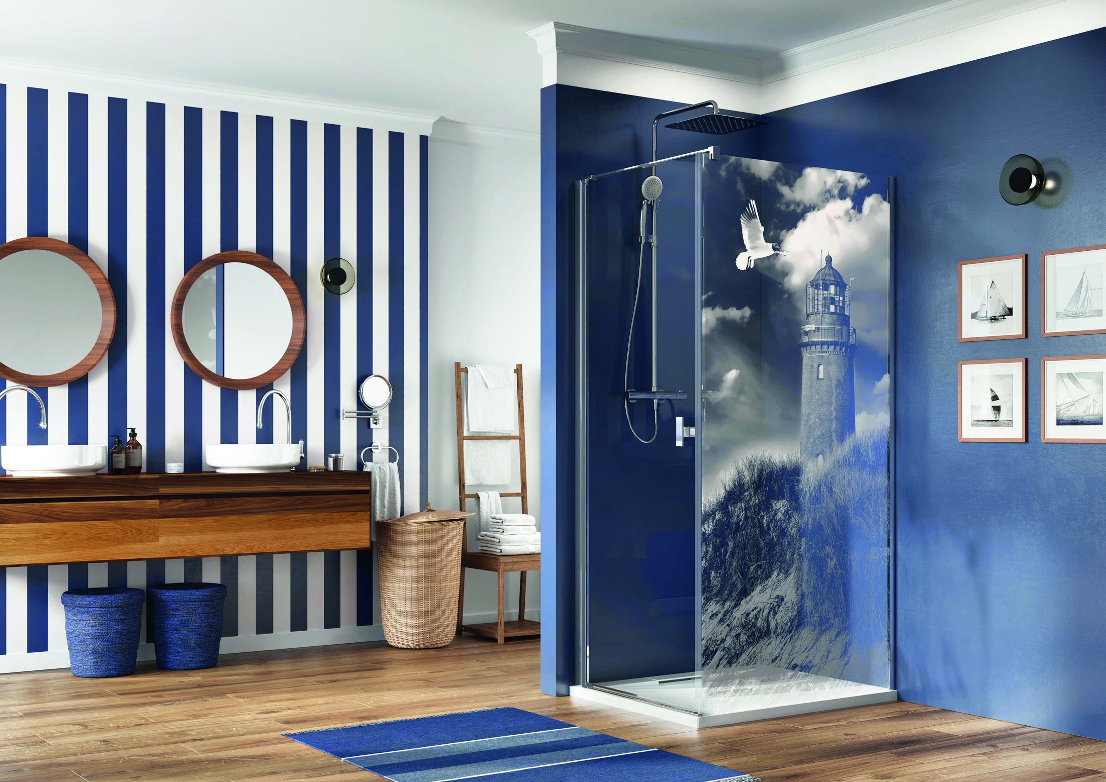 Kék árnyalatú fürdőszoba enteriőr