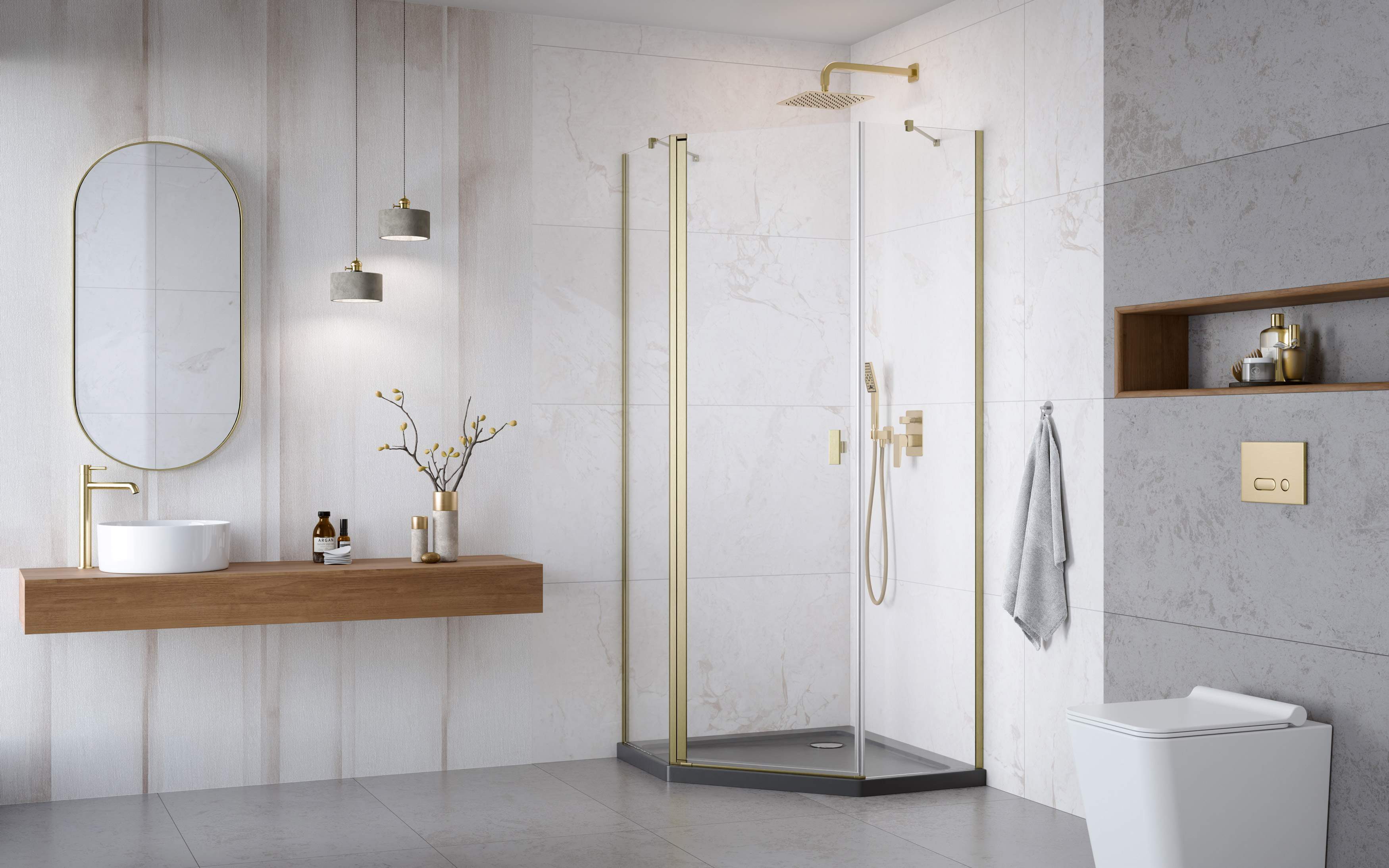 Nes Brushed Gold PTJ szögletes szálcsiszolt arany zuhanykabin