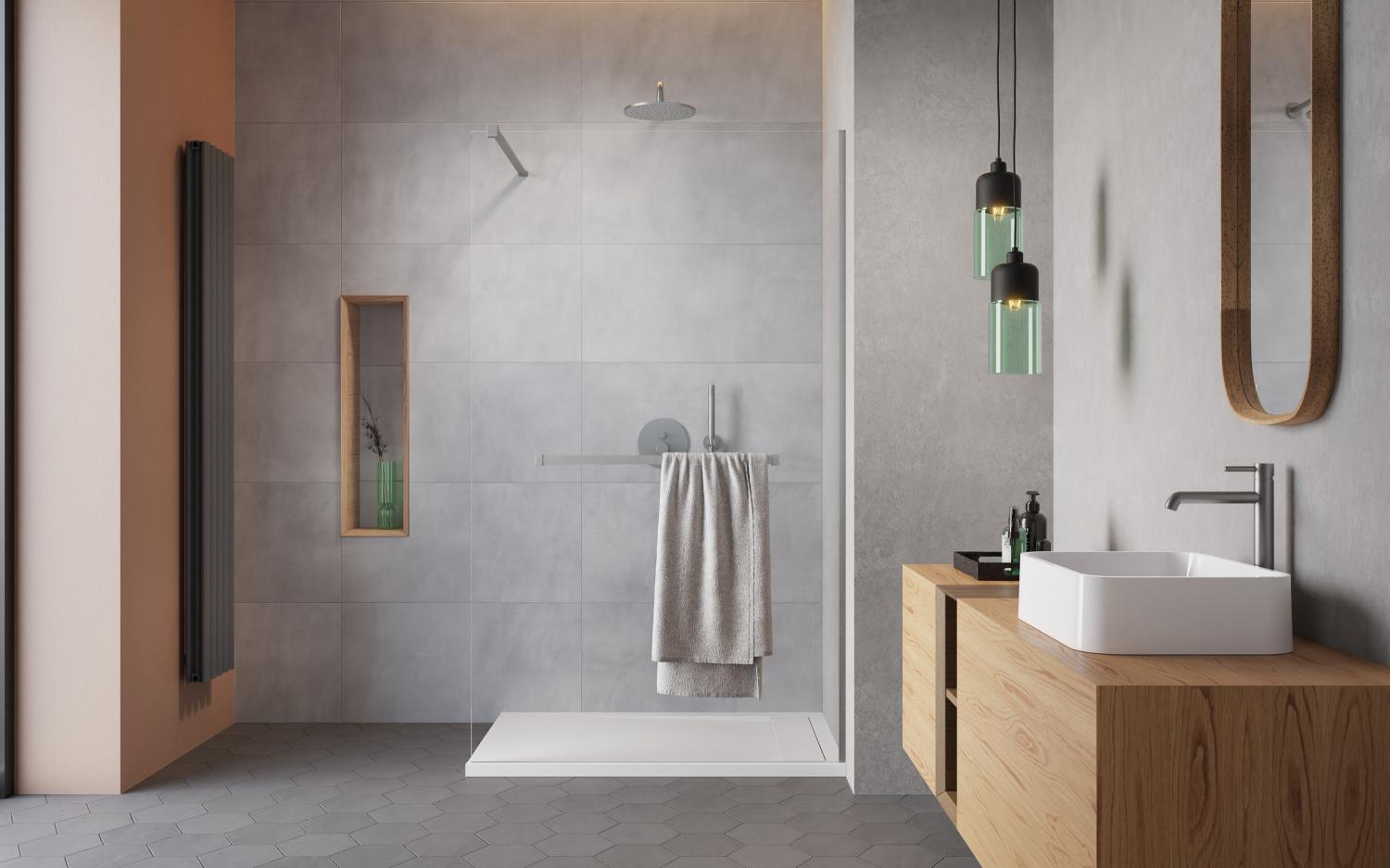 Szürkésbézs fal és szálcsiszolt elemek enteriőr