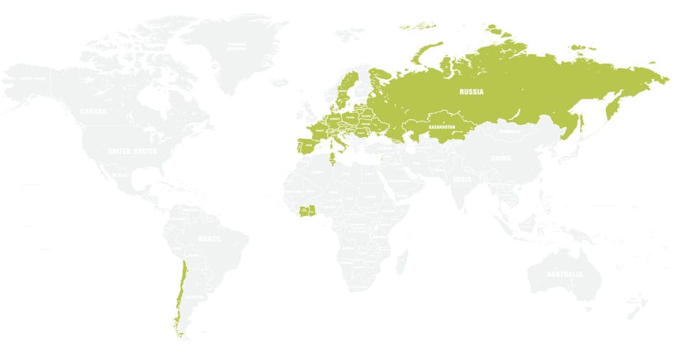 A fenti térképen szemléltetve, hogy több mint 20 országban megtalálható a Radaway zuhanykabin márka.