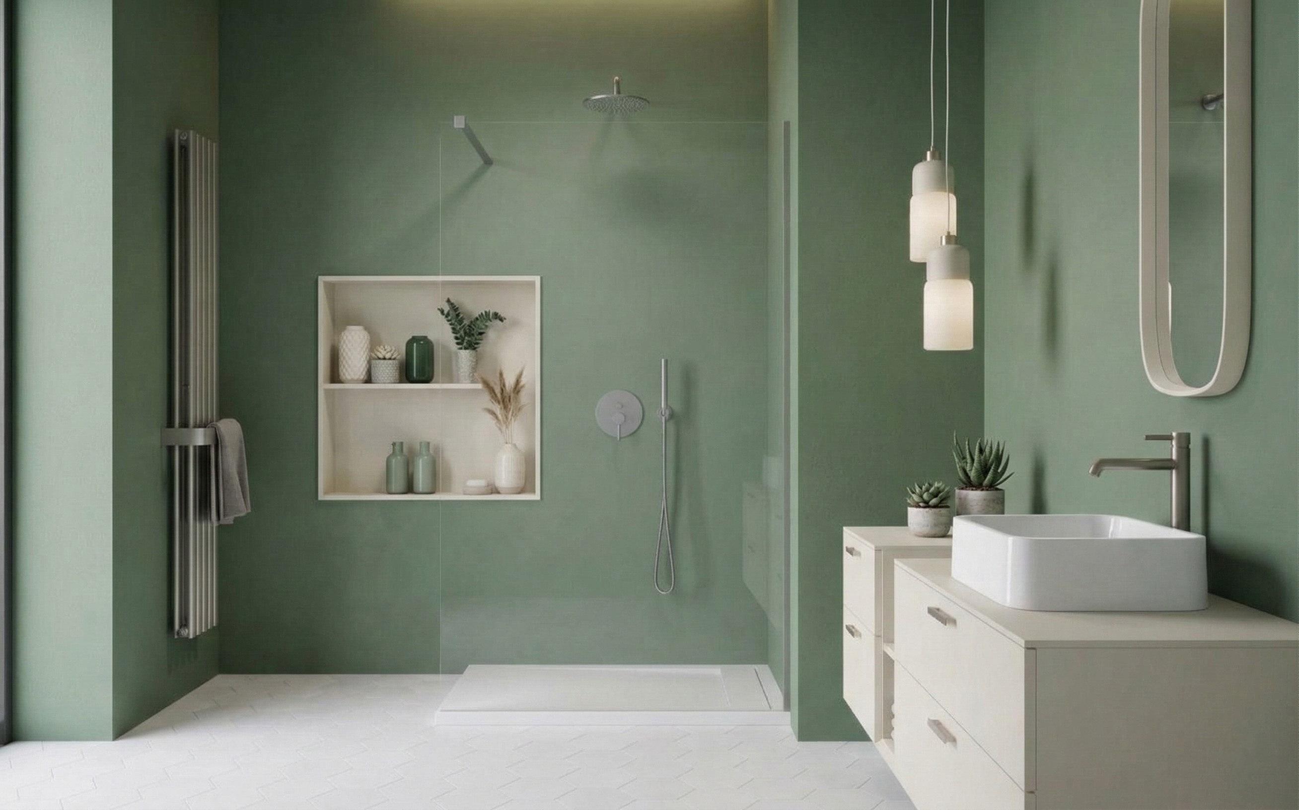 Zöldes-szürke fal és szálcsiszolt elemek