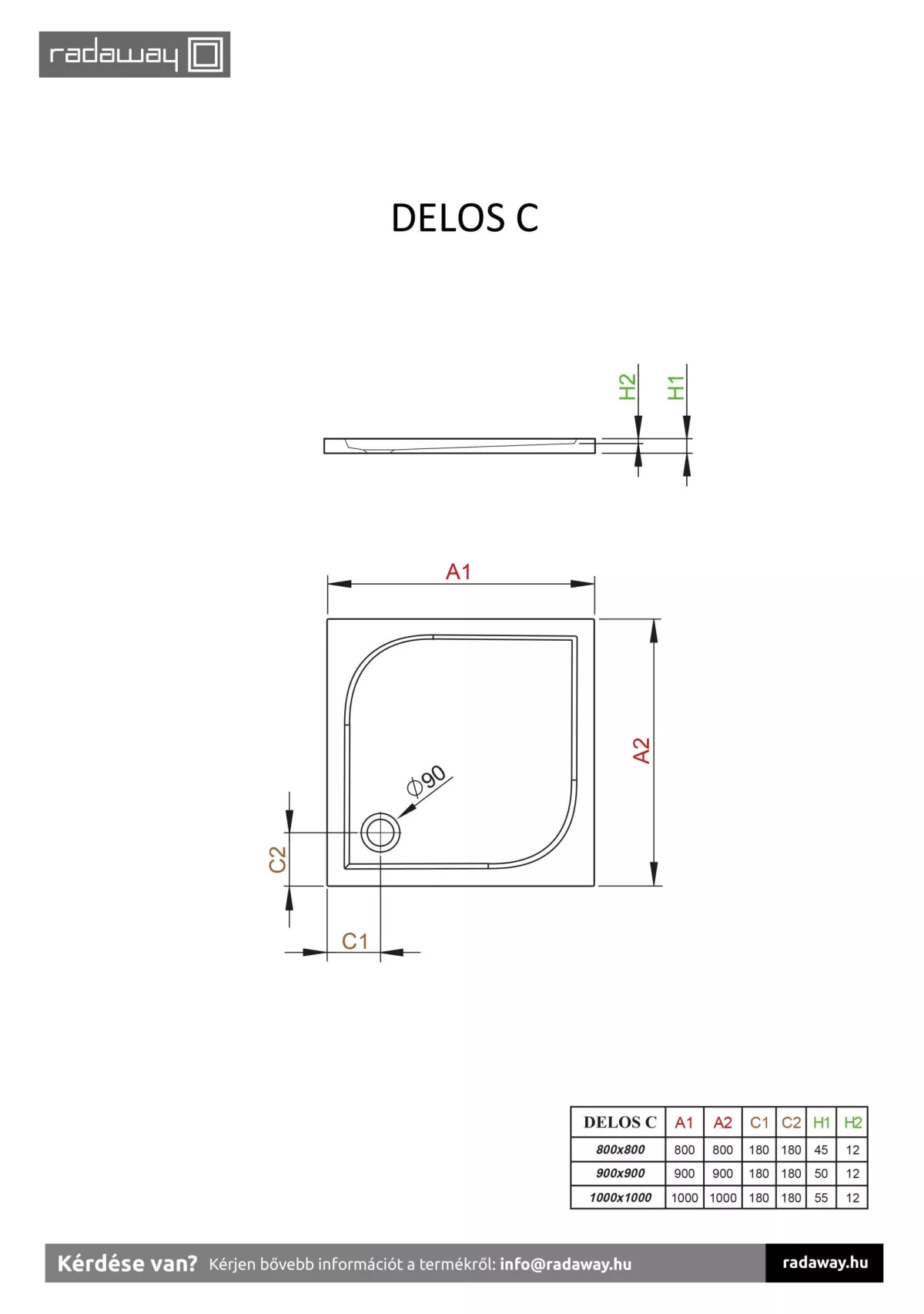 Delos C szögletes lapos zuhanytálca technikai rajz