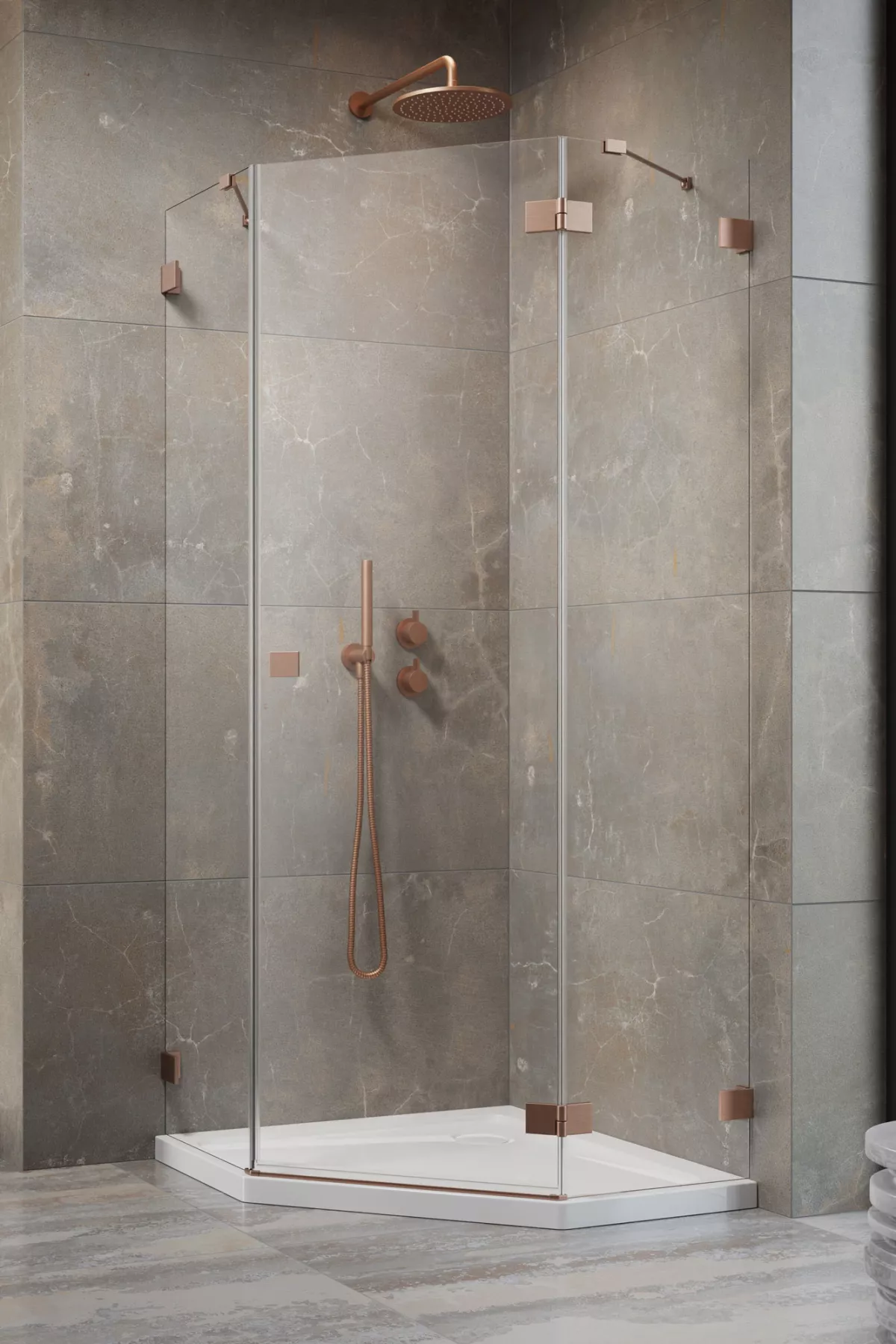 Essenza Pro Brushed Copper PTJ szögletes szálcsiszolt réz zuhanykabin (a képen jobbos zuhanykabin látható)