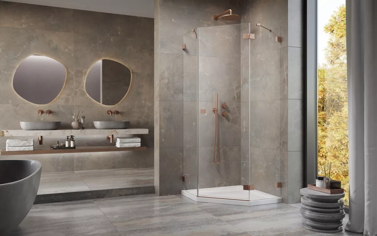 Essenza Pro Brushed Copper PTJ szögletes szálcsiszolt réz zuhanykabin enteriőr (a képen jobbos zuhanykabin látható)