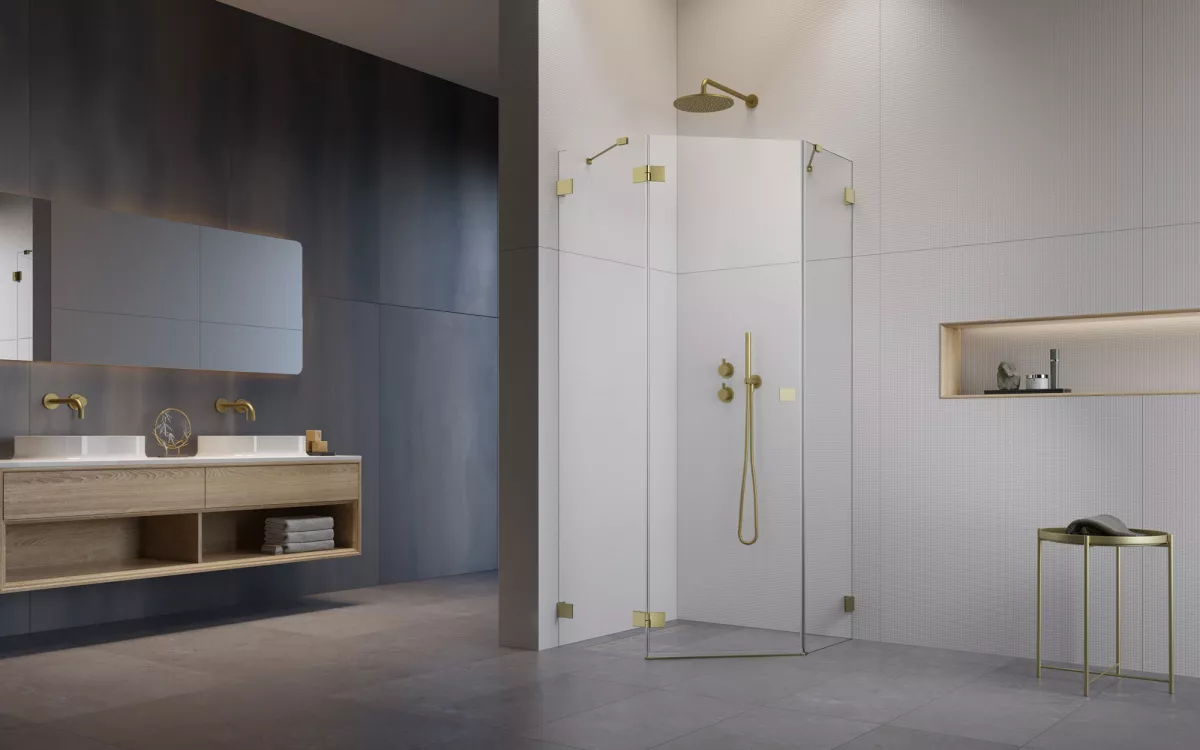 Essenza Pro Brushed Gold PTJ szögletes szálcsiszolt arany zuhanykabin enteriőr (a képen balos zuhanykabin látható)