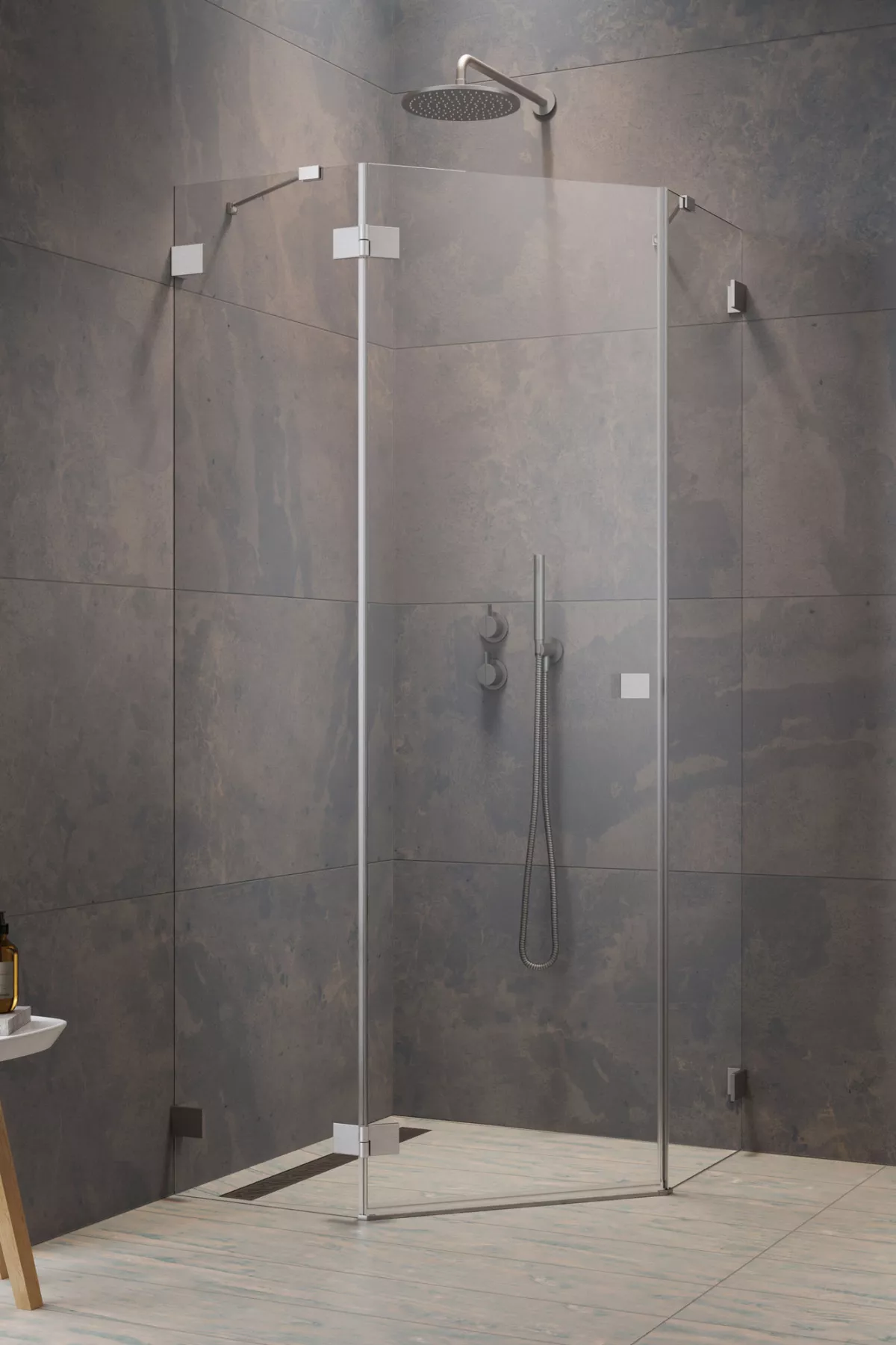 Essenza Pro Brushed Nickel PTJ szögletes szálcsiszolt króm zuhanykabin (a képen balos zuhanykabin látható)