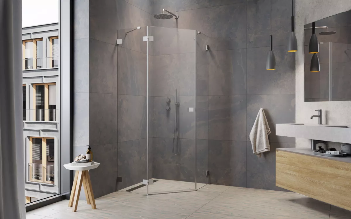 Essenza Pro Brushed Nickel PTJ szögletes szálcsiszolt króm zuhanykabin enteriőr (a képen balos zuhanykabin látható)