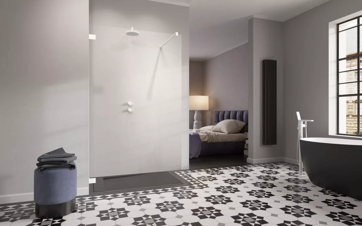 Essenza Pro White Walk-in II fehér zuhanyfal enteriőr (a képen balos zuhanyfal látható)