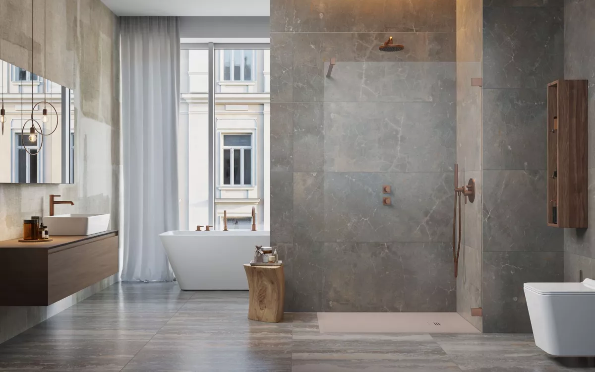 Essenza Pro Brushed Copper Walk-in II szálcsiszolt réz zuhanyfal enteriőr