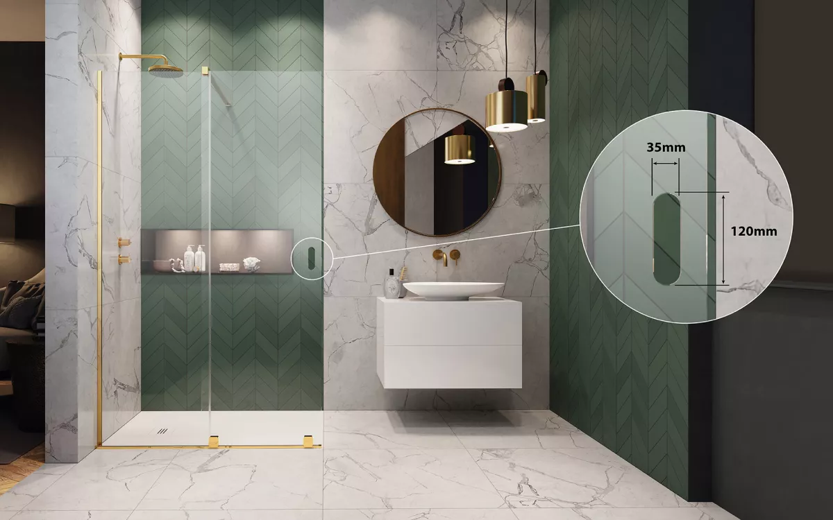 A Furo Walk-in falaknál lehetősége van a gyári fogantyút egy, az üvegbe mart ovális designfogantyúra cserélni