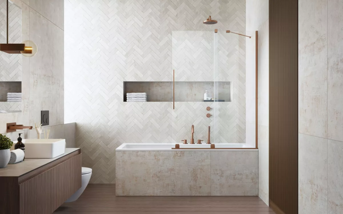 Furo Brushed Copper PND II szálcsiszolt réz kádparaván enteriőr (a képen jobbos kádparaván látható)