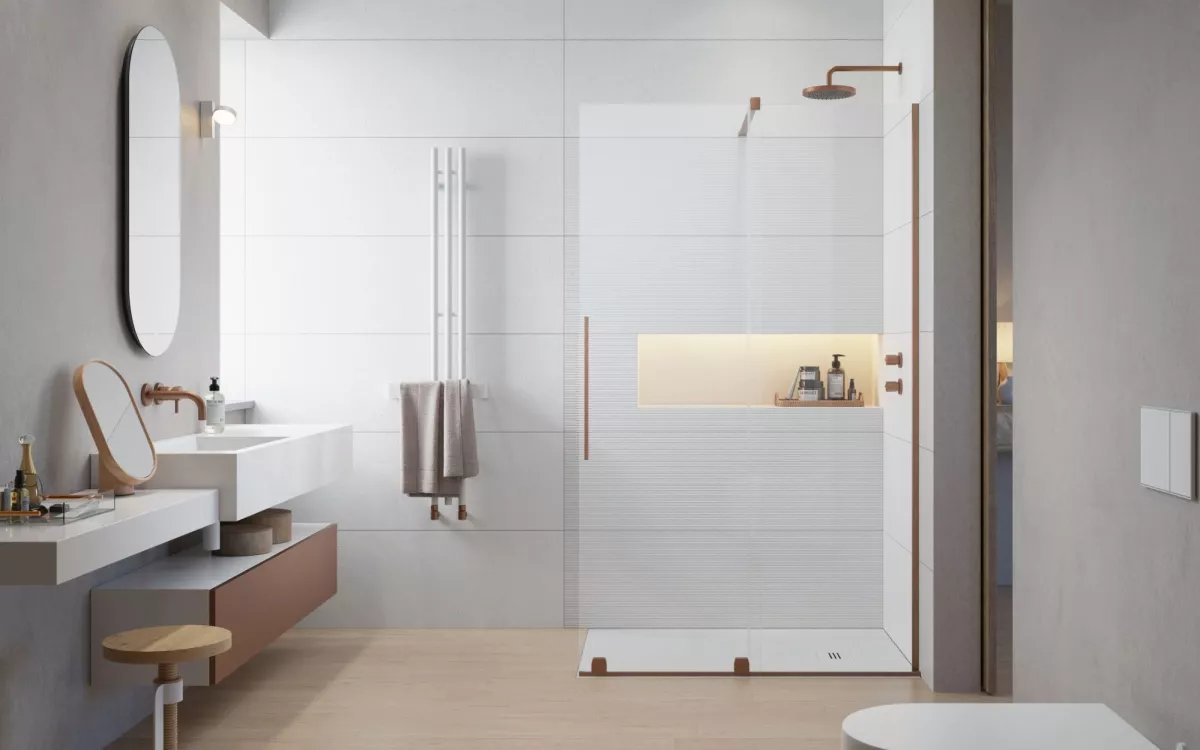 Furo Brushed Copper Walk-in szálcsiszolt réz zuhanyfal enteriőr (a képen jobbos zuhanyfal látható)