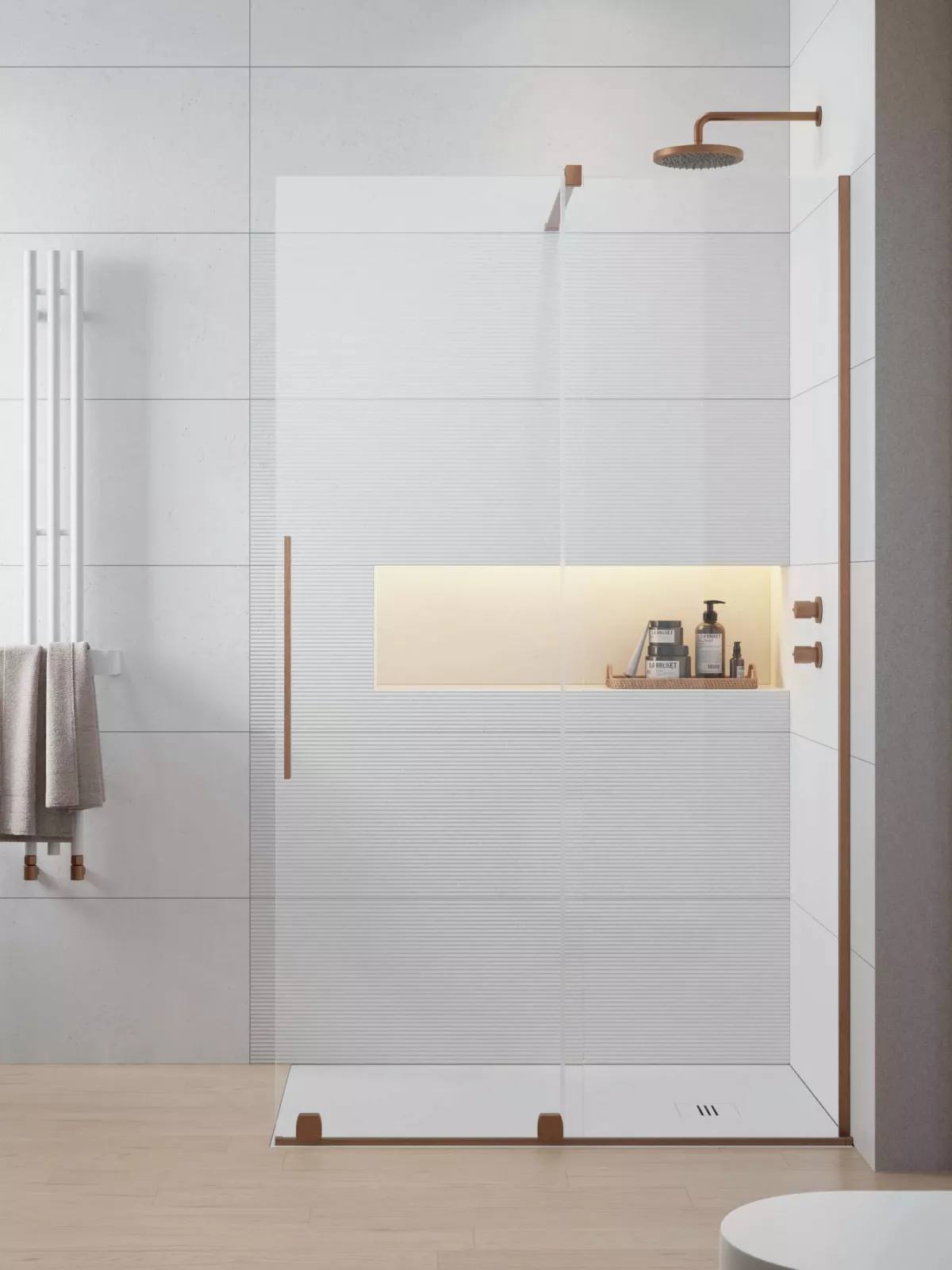 Furo Brushed Copper Walk-in szálcsiszolt réz zuhanyfal (a képen jobbos zuhanyfal látható)
