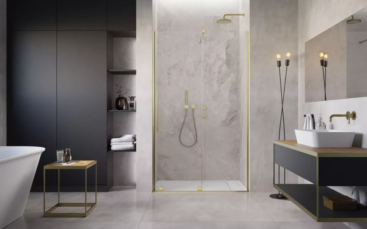 Furo Brushed Gold DWJ szálcsiszolt arany zuhanyajtó enteriőr (a képen jobbos zuhanyajtó látható)