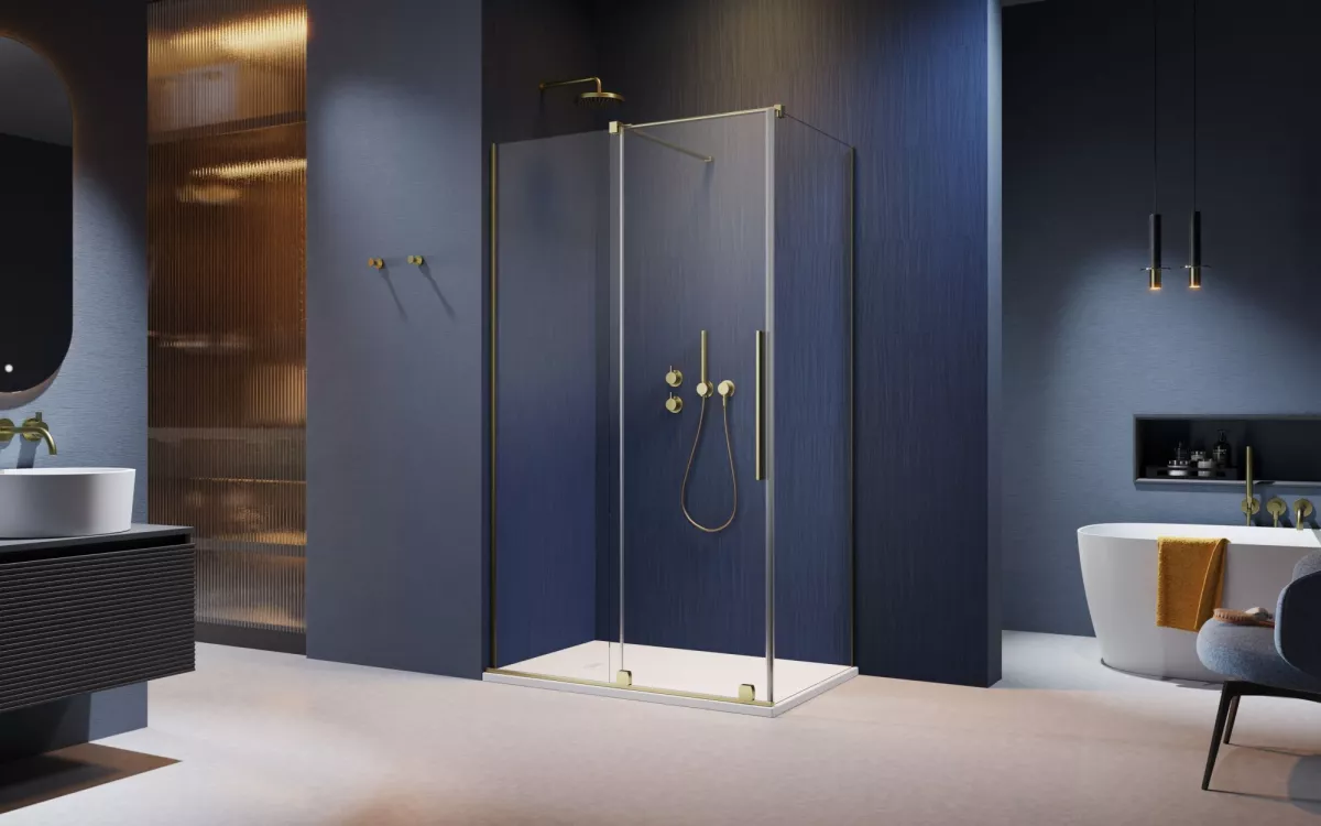Furo Brushed Gold KDJ szögletes szálcsiszolt arany zuhanykabin enteriőr (a képen balos zuhanykabin látható)