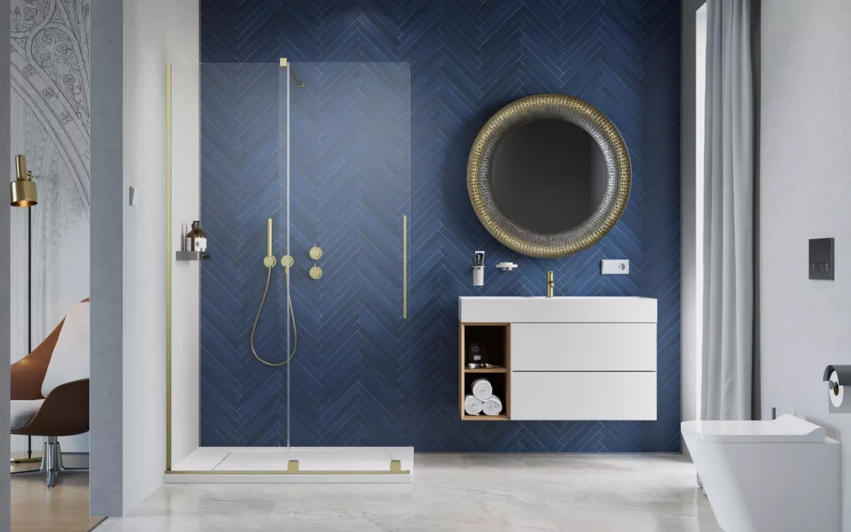 Furo Brushed Gold Walk-in szálcsiszolt arany zuhanyfal enteriőr (a képen balos zuhanyfal látható)