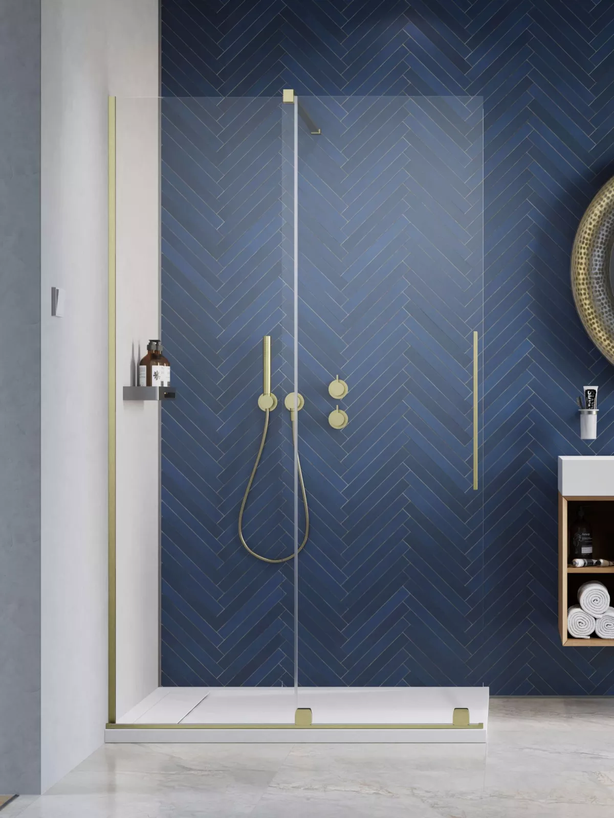 Furo Brushed Gold Walk-in szálcsiszolt arany zuhanyfal (a képen balos zuhanyfal látható)