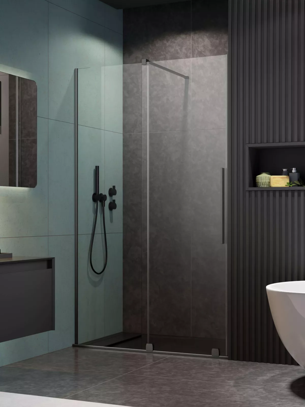 Furo Brushed GunMetal DWJ szálcsiszolt fegyvermetál zuhanyajtó (a képen balos zuhanyajtó látható)