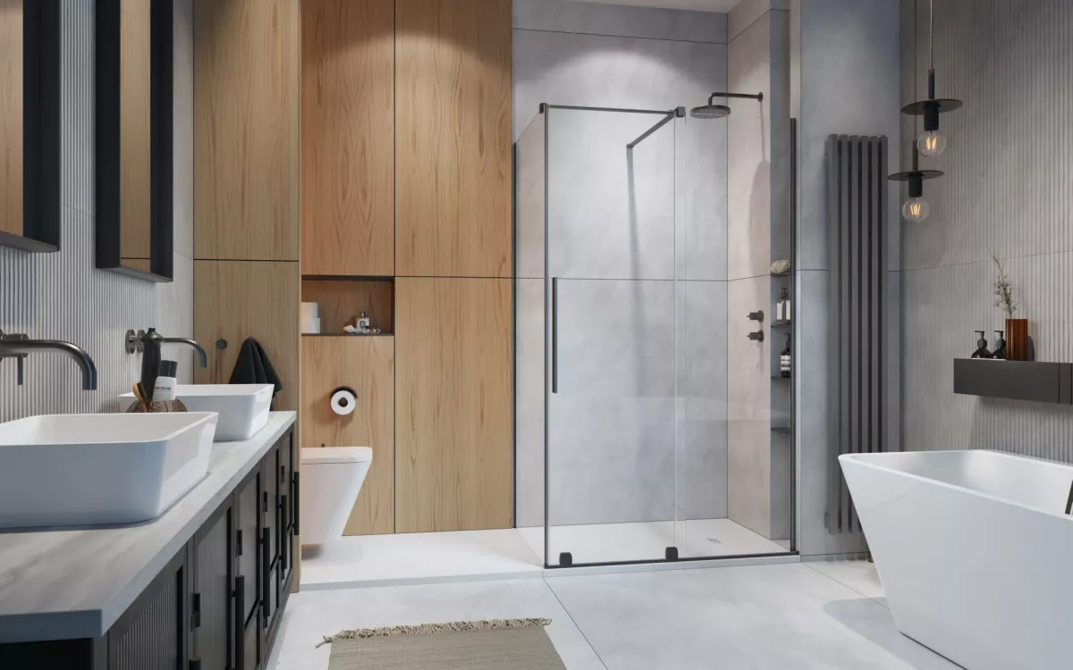Furo Brushed GunMetal KDJ szögletes szálcsiszolt fegyvermetál zuhanykabin enteriőr (a képen jobbos zuhanykabin látható)