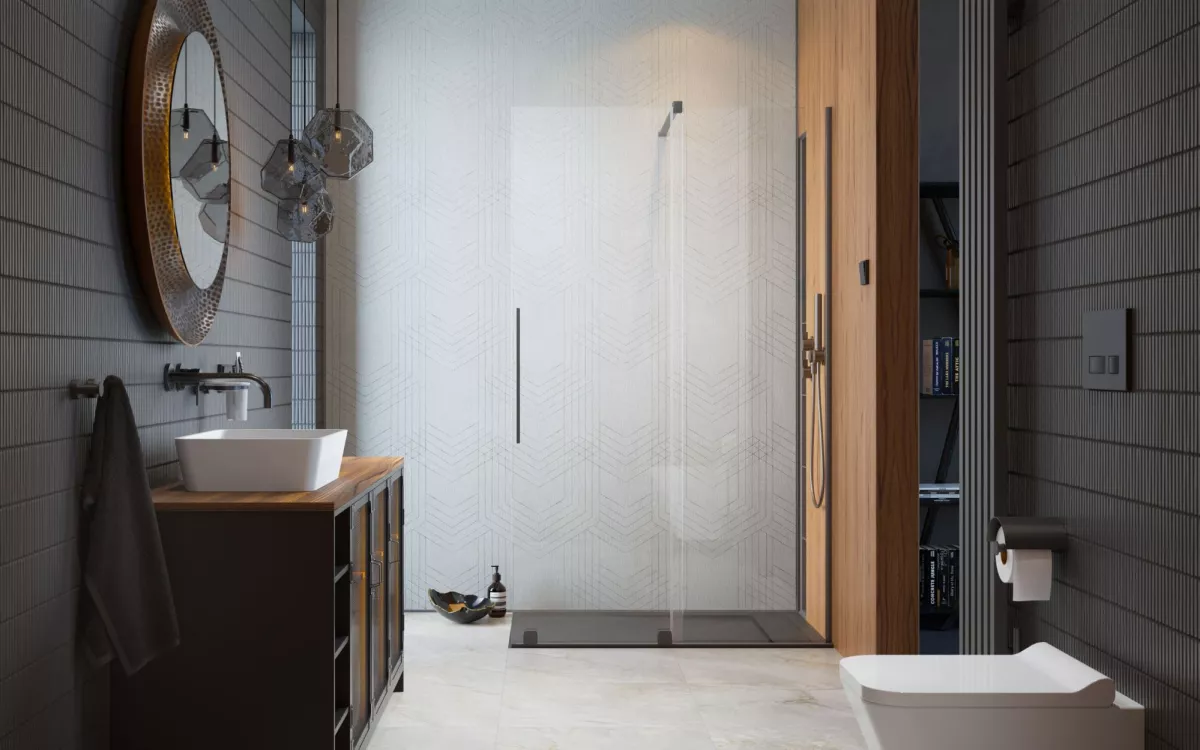 Furo Brushed GunMetal Walk-in szálcsiszolt fegyvermetál zuhanyfal enteriőr (a képen jobbos zuhanyfal látható)