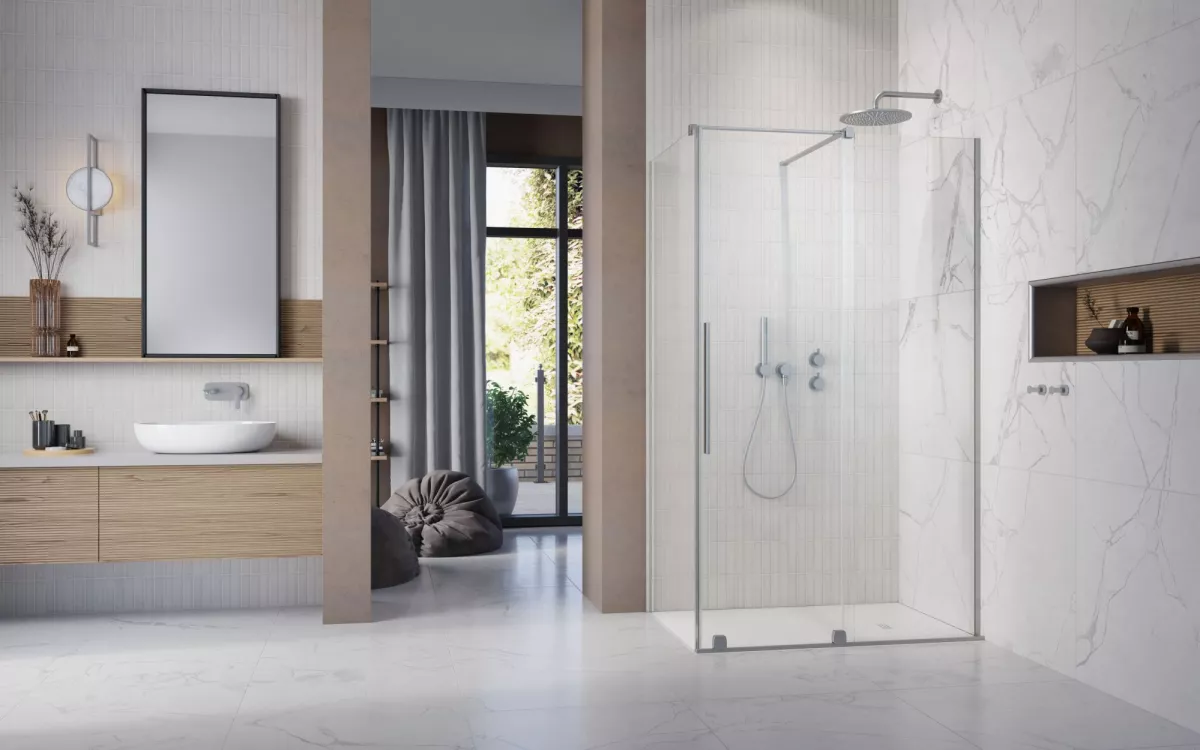 Furo Brushed Nickel KDJ szögletes szálcsiszolt króm zuhanykabin enteriőr (a képen jobbos zuhanykabin látható)