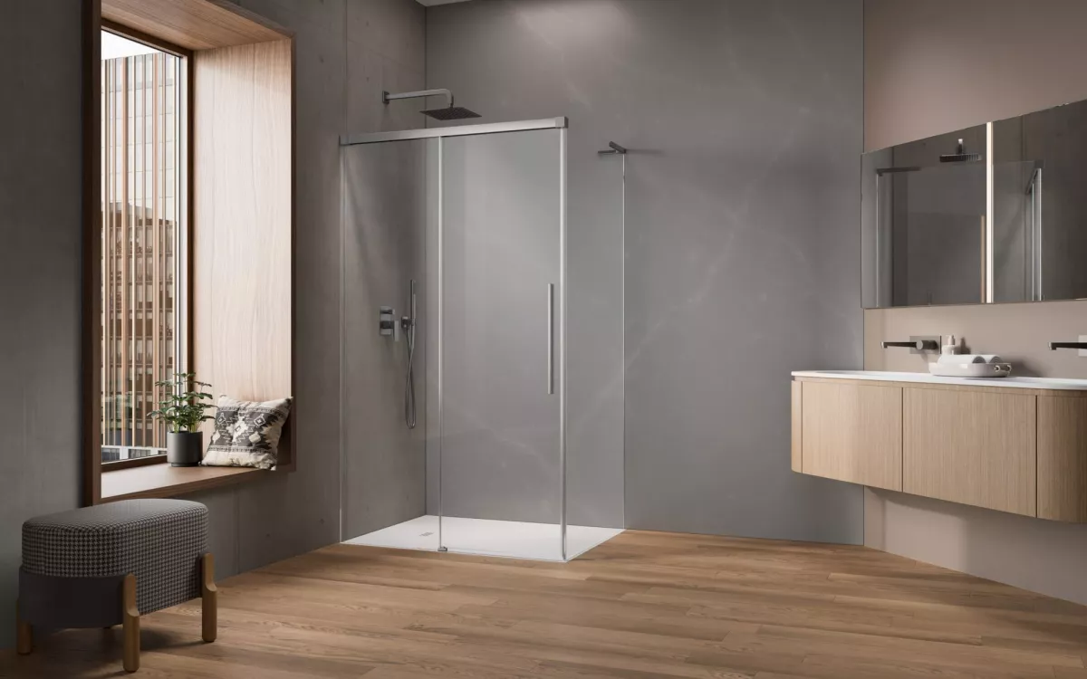 Idea 8 QL Brushed Nickel KDJ szögletes szálcsiszolt króm zuhanykabin enteriőr (a képen balos zuhanykabin látható)