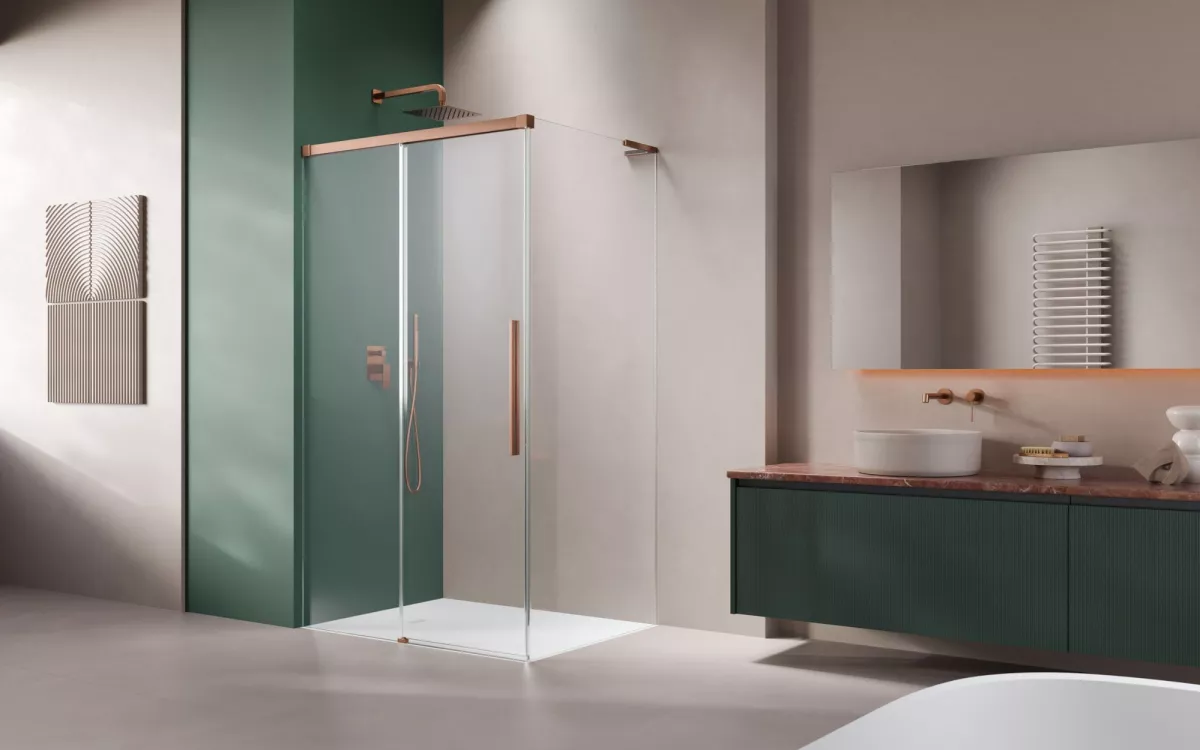 Idea 8 QL Brushed Copper KDJ szögletes szálcsiszolt réz zuhanykabin enteriőr (a képen balos zuhanykabin látható)