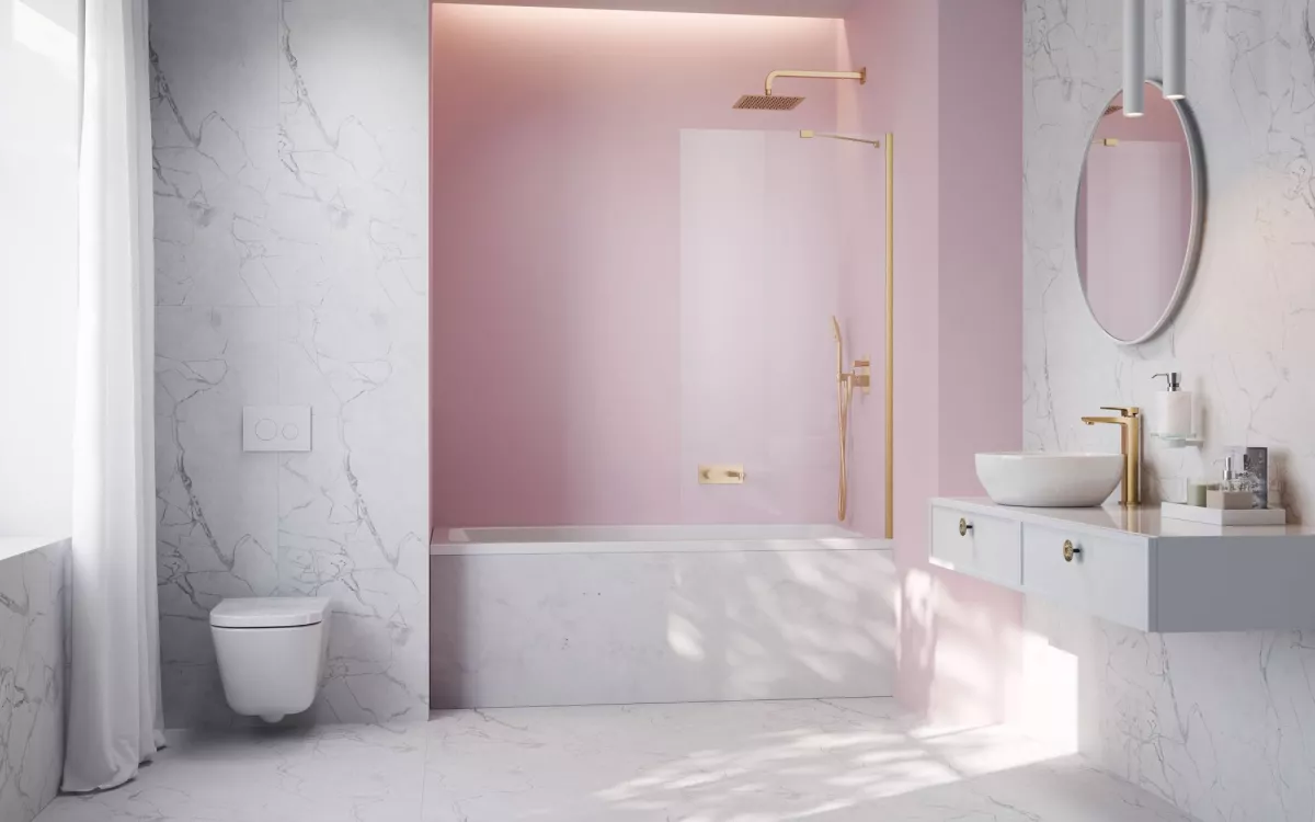 Idea Brushed Gold PNJ II szálcsiszolt arany kádparaván enteriőr (a képen jobbos kádparaván látható)