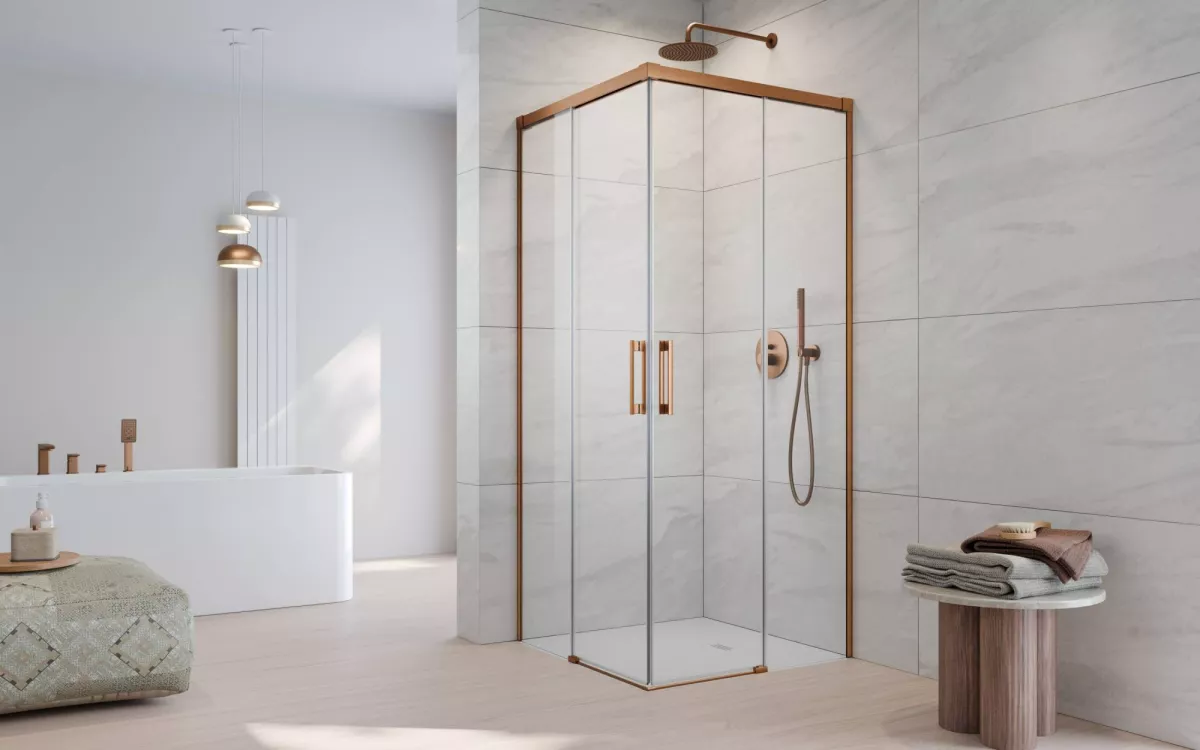 Idea Brushed Copper KDD szögletes szálcsiszolt réz zuhanykabin enteriőr