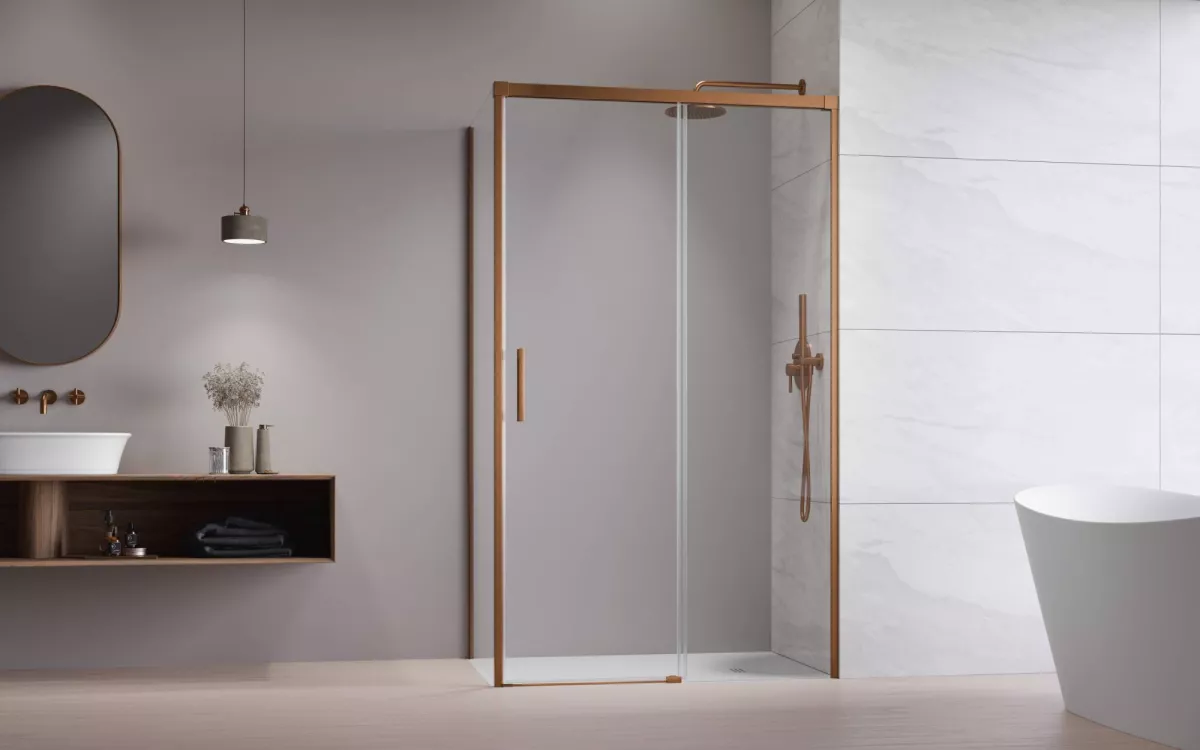 Idea Brushed Copper KDJ szögletes szálcsiszolt réz zuhanykabin enteriőr (a képen jobbos zuhanykabin látható)