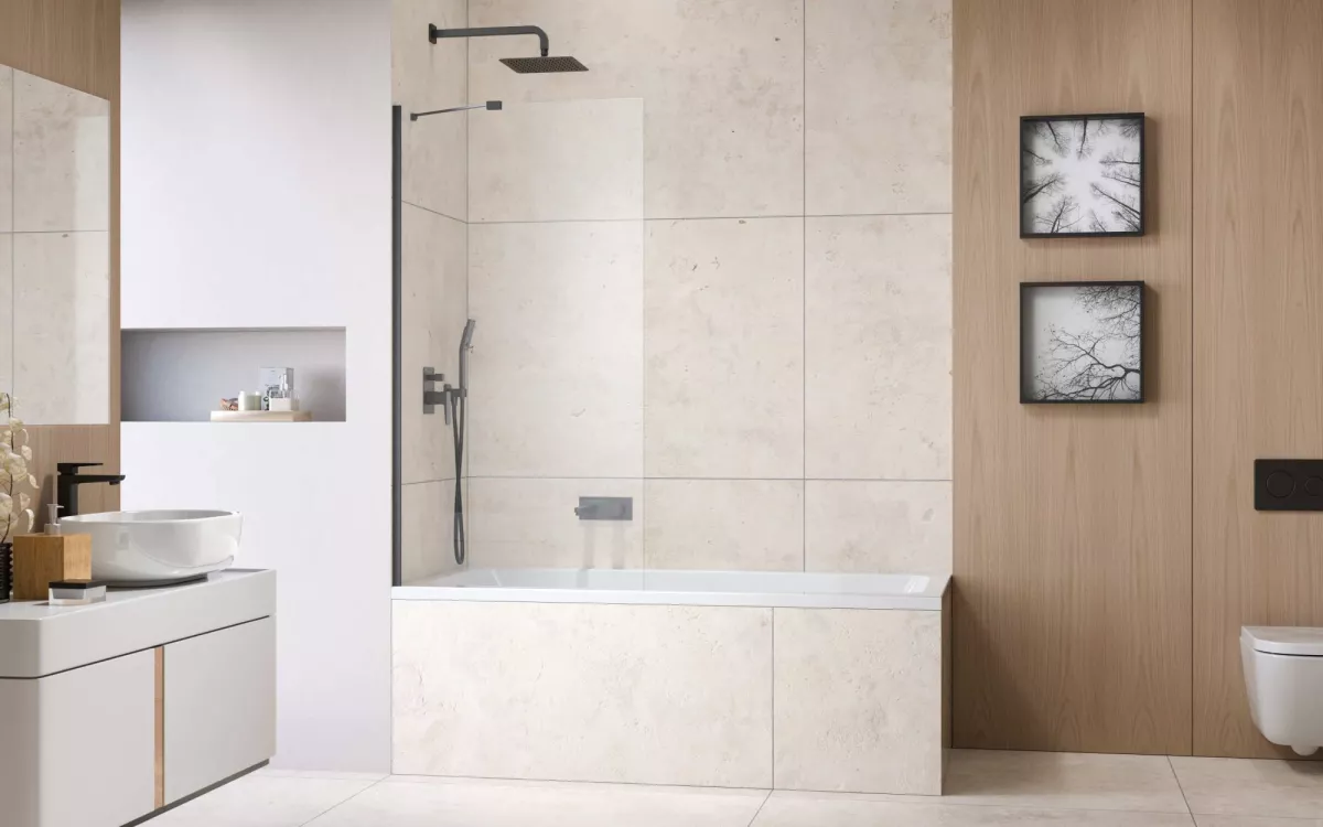 Idea Brushed GunMetal PNJ II szálcsiszolt fegyvermetál kádparaván enteriőr (a képen balos kádparaván látható)