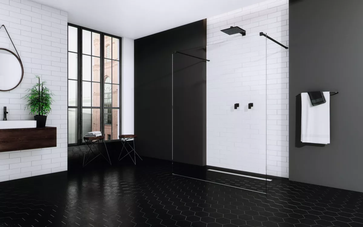 Modo New I Black Walk-In fekete zuhanyfal enteriőr
