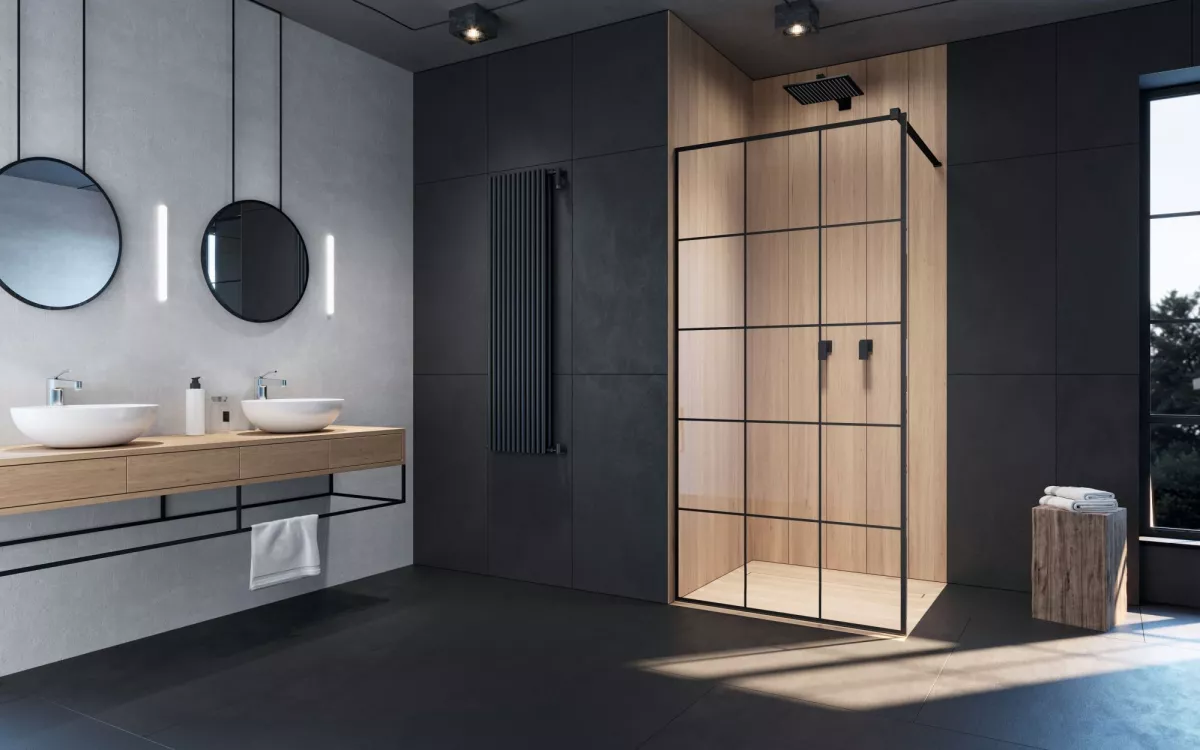 Modo New Black II Factory Walk-in fekete zuhanyfal enteriőr
