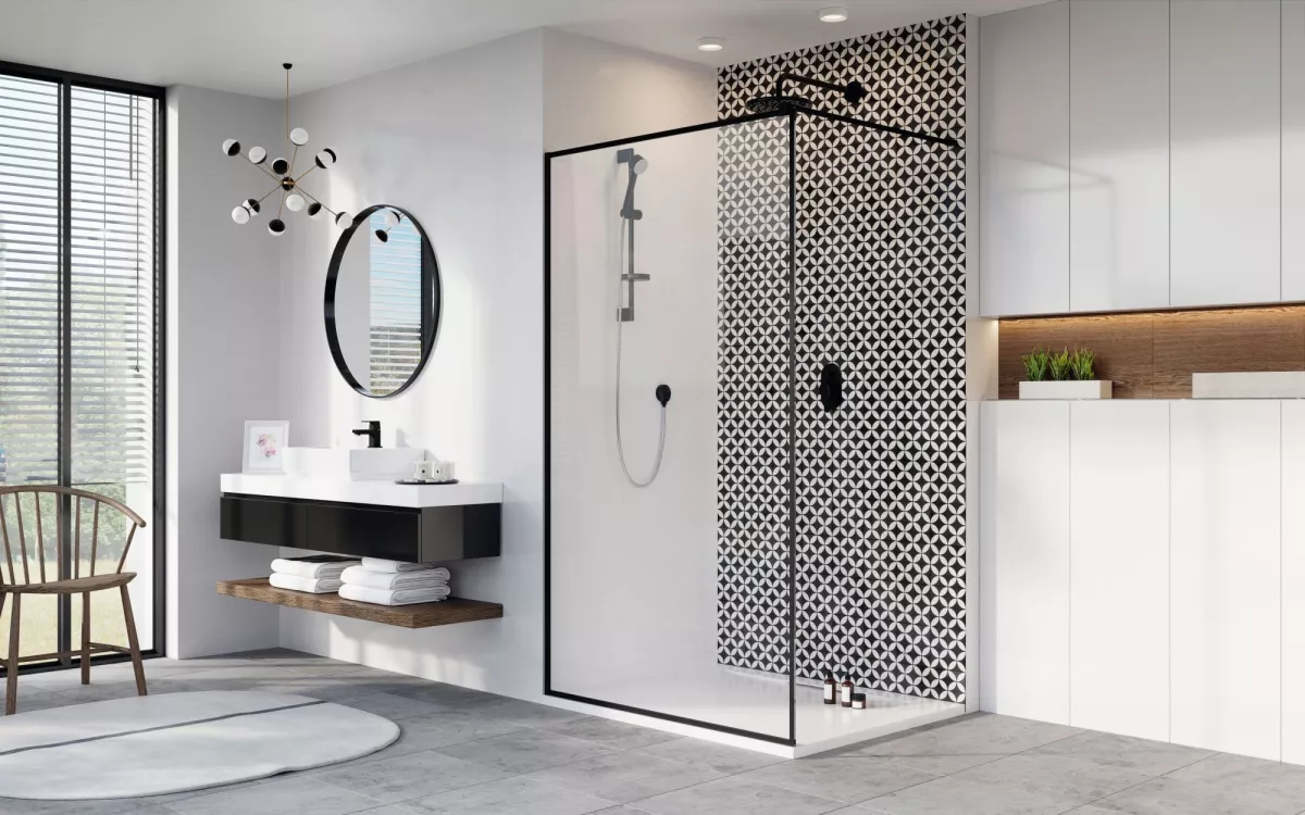 Modo New Black II Frame walk-in fekete zuhanyfal enteriőr
